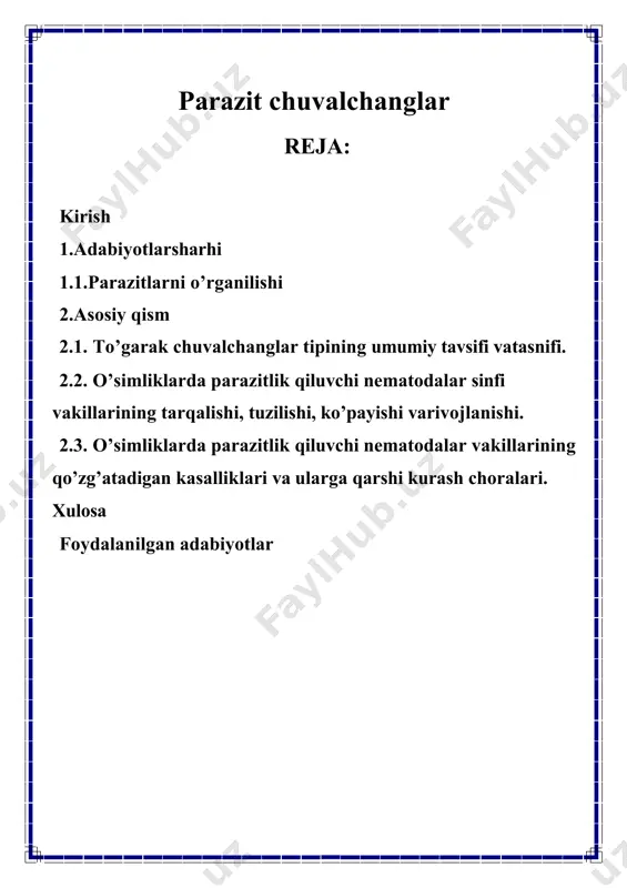 g’imoyoqlilar va boshqalar) va har xil parazitlar ta’siridan paydo bo’ladigan kasalliklar hamda ularga qarshi kurash choralarinio’rgatadi. umuman,parazitlarni o’rganish ob’ektlariga ko’ra tibbiyot parazitologiyasi, veterinariya parazitologiyasi, agronomiya (o’simliklar) parazitologiyasi va umumiy parazitologiyaga bo’linadi. parazitologiya ko’pgina biologik, tibbiyotvaveterinariya soxasidagimaxsus fanlar bilan chambarchas bog’langan. parazitlarning tavsifi, morfologiyasi, biologiyasi va tasnifini o’rganish bilan zoologiya fani shug’ullansa, ular qo’zg’atadigan kasalliklar patogenezi, klinikasi, diagnostikasi va davolashini o’rganish bilan esa patologik anatomiya, patalogik fiziologiya, immunologiya, virusologiya, mikrobiologiya, terapiya, farmakologiya, epizootologiya, xirurgiya, bioximiya, veterinariya-sanitariya ekspertizasi, zoogigiena va boshqa fanlar shug’ullanadi hamda ulardagi tadqiqetish usullaridan keng foydalaniladi. parazitlar xaqidagi ma’lumotlar qadim zamonlardan beri fanga ma’lum. eramizdan ancha ilgari yassi chuvalchanglarning vakillari hamda askarida xaqida qo’lyozmalar saqlangan. eramizdan oldingi 460-375 yillarda yashagan atoqli olim va shifokor gippokrat birinchi 3 bo’lib fanga "askaridoz" degan tushunchani kiritgan. u odamlarda uchraydigan askarida, ostrisa, yassi chuvalchanglarning ayrim turlari bilan birga hayvonlar parazitini (exinokokkni) ham aniqlagan. gippokrat gel’mintlarni invazion kasalliklarning qo’zg’atuvchisi emas, balki o’z-o’zidan vujudga keladigan …