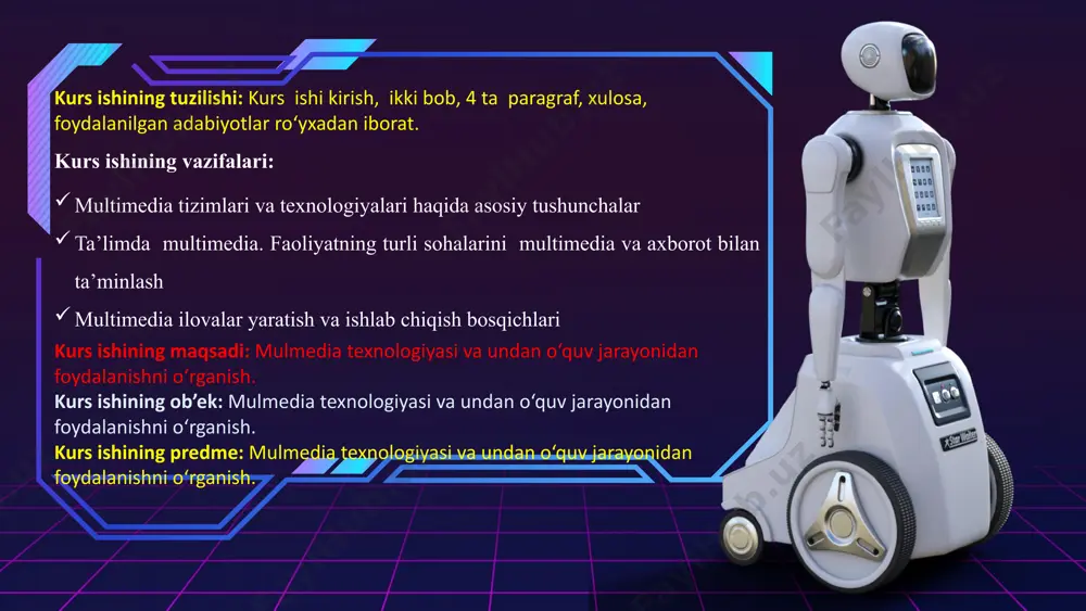 ing o‘zida materialni vizual va eshitish qobiliyati, uning taqdimotini boshqarishda faol ishtirok etish, qayta tahlil qilishni talab qiladigan bo‘limlarga qaytish. kompyuter texnologiyalaridan foydalanib o‘qitish (maxsus tadqiqotlar natijalariga ko‘ra, eshitgan narsalarning xotirada choragi eslab qolinadi, ko‘rgan narsaning uchdan biri eslab qolinadi, bir vaqtda ko‘rib va eshitgan narsalarning 50 %i eslab qolinadi. agar foydalanuvchi multimediali ilovalar yordamida o‘rganish jarayoniga faol jalb etilsa 75 foiz eslab qoladi).. multimediani qo‘llanilish sohalari. 01 03 02 04 ii. bob. ispring dasturida multimediali ilovalarni yaratish. 2.1. ispring dasturi va uning imkoniyatlari. elektron axborot ta’lim resurslarini yaratishda keng ishlatilib kelinayotgan dasturiy ta’minotlardan biri ispring dasturi hisoblanadi. odatda, taqdimotni o‘tkazishga tayyorlanish jarayonida aksariyat hollarda microsoft powerpoint dasturiy ta’minotidan foydalaniladi. hozirga kelib, powerpoint dasturida tayyorlangan taqdimotdan flash-rolik shakllantirish imkoniyatini beruvchi dasturlar yaratilgan. mahsulot ispring deb nomlanadi va ispring quizmarker, ispring pro va ispring kinetics kabi variantlarga ega. ispring suite–bu powerpoint dasturida elektron o‘quv kurslarini yaratuvchi professional vosita hisoblanadi. ispring dasturi …