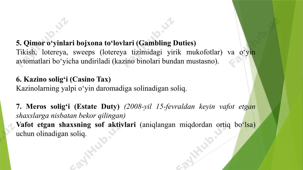 36% gacha tijorat va sanoat mulklari uchun: 10% soliq stavkasi qo‘llaniladi bunga savdo binolari, ofislar, sanoat hududlari va yer maydonlari kiradi. singapur davlatida mulk solig‘idagi av (yillik qiymat) nima? yillik qiymat (av) – bu mulk ijaraga berilganda yiliga qancha daromad keltirishi mumkinligini baholovchi qiymatdir. bu qiymat singapur soliq xizmati (iras) tomonidan, o‘xshash mulklar bozoridagi ijara stavkalari asosida aniqlanadi. av qanday ishlaydi? mulk solig‘i quyidagi formula bo‘yicha hisoblanadi: mulk solig‘i=av*soliq stavkasi av hisoblash misoli: agar iras sizning mulkingizning av qiymatini 30,000 sgd deb belgilasa: agar siz ushbu uyda yashasangiz (egasi yashovchi soliq stavkasi, masalan, 4%) 30,000×4%=1,200 sgd (yillik mulk solig’i) 2. agar uy ijaraga berilgan bo‘lsa (egasi yashamaydigan soliq stavkasi, masalan, 12%) 30,000×12%=3,600 sgd (yillik mulk solig‘i) iras – singapur soliq tizimi/xizmati av –yillik qiymat ya’ni mulkning kadastr belgilab bergan qiymati sgd - sgd — bu singapur dollari (singapore dollar) ning xalqaro valyuta kodi. singapur dollari s$ yoki oddiygina $ belgisi …