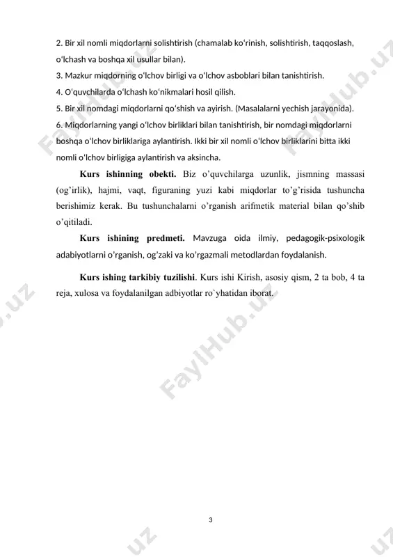 a ularning o‘lchov birliklari haqida tasavvurga ega bo‘ladilar. misollarni yechish jarayonida ular baho, qiymat, miqdor, narx, tezlik, masofa, unumdorlik tushunchalari bilan tanishadilar. mavzuni o‘rganish jarayonida shunga erishish zarurki, o‘quvchilar o‘zaro bog‘liq, ammo mutlaqo boshqa-boshqa, mazmunga ega bo‘lgan «miqdor» va «raqam» tushunchalarini aniq farqiga bora olishlari kerak. masalan, sim o‘ramidan bir bo‘lak kesib olib, o‘lchash birligi detsimetrdan foydalanib, 1 dm , 2 dm, 3 dm, . , ...20 dm. kabi uzunliklarni belgilab boramiz. ya’ni mazkur o‘lcham birligini sim uzunligi bo‘yicha ketma ket qo‘yish bilan o‘lchaymiz va tegishli nomi bilan - (20 dm) yozib qo‘yamiz. agar boshqa o‘lcham birligi, masalan, santimetrdan foydalangan bo‘lsa, miqdorning raqam belgisi o‘zgacha bo‘lganiga erishamiz. bu raqamni ham tegishli nomi bilan (200 sm) yozib qo‘yamiz. metr o‘lcham birligidan foydalansak mazkur miqdorning yana bir raqamli ko‘rinishga ega bo‘lamiz (2 m). raqam va o‘lchamlar tushunchalarini o‘zaro farqlash uchun bu bosqichda mazkur yordamlardan nihoyatda ehtiyotkorlik bilan foydalanish kerak bo‘ladi. 78,40,11,99 kabi …