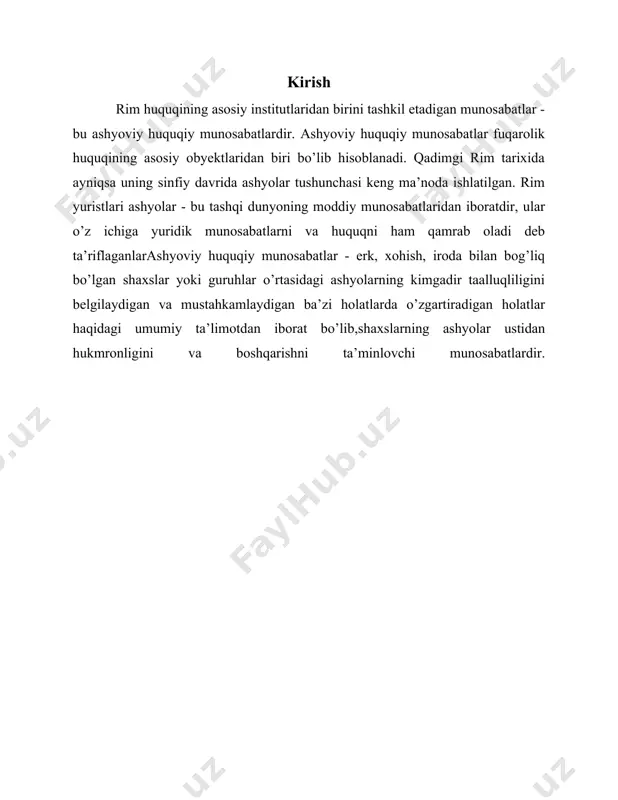 rtibga solinmaydigan sakral huquqlarga aytilgan. rimliklar qadimdan ashyolarni yana ikki qismga, yaʼni sa- kral ashyolar va diniy ashyolarga bo’lganlar. sakral ashyolarga xuda alloh huquqi (tabiiy huquq) tomonidan berilgan ashyolar kiritilib, ular ommaviy qarorlar, yaʼni alloh tomonidan qabul qilingan qarorlar asosida vujudga kelgan. diniy ashyolarga esa xususiy huquq bilan belgilangan yoki insonning shaxsiy qarori bilan vujudga keladigan munosabatlar kiritilgan. masalan: insonning dafn etilishi va bu joyning muqaddas joyga aylanishi, insonning faqat o’z erki bilan bog’liq bo’lgan harakatlarini amalga oshirishga tushunilgan. inson huquqlari bilan bog’liq munosabatlar ashyolar yoki huquqiy sohalar, yaʼni rim davlatining ommaviy huquqi va xususiy huquqlari bilan tartibga solingan. rim huquqida shunday ashyolar bo’lganki, ularning subyekti rim xalqi bo’lib hisoblangan (populus romanus) ular ommaviy huquq bilan bog’liq bo’lgan. ular quyidagilardan iboratdir: 1. rim jamiyati aʼzolarining barchasi tomonidan umumiy asosda foydalaniladigan yaʼni daryolar, portlar, yo’llar, teatrlar, stadionlar va boshqa ommaviy xarakterga ega bo’lgan ashyolar; 2. davlatga oid bo’lgan maxsus foydalaniladigan ashyolar, …