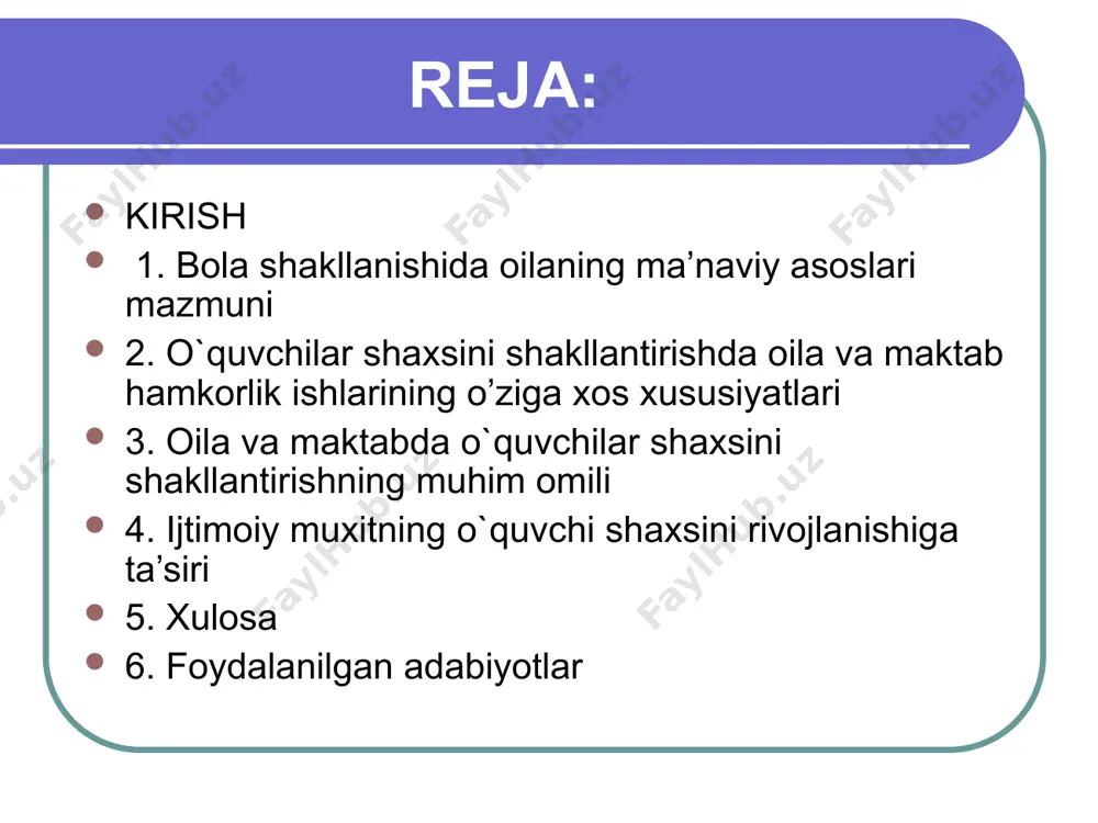 gari surilayotgan pedagogik g’oyaning tub mohiyati oila tarbiyasini to’g’ri yo’lga qo’yish, mustahkamlash va yanada chuqurlashtirish bilan bog’liqdir. oila tarbiyasi deganda ota-ona, oiladagi katta kishilar, buva va buvilar, aka-opalar va shu kabilar tomonidan bolalarning to’g’ri, milliy axloq-odob normalari asosida tarbiyalashini tushunish lozim. zotan, bolalarning kelajakda qanday inson bo’lib yetishishi ota-ona, aka-opa va boshqalarning o’zaro muomala-munosabatlar, xulqatvoriga, tartib-intizomiga bevosita bog’liqdir. xalkimiz: «qush uyasida ko’rganini qiladi» deb bejiz aytmagan. o`quvchilar shaxsini shakllantirishda oila va maktab hamkorlik ishlarining o’ziga xos xususiyatlari mamlakatimizda bolalar to`g`risida, onalar haqida g`amxo`rlik qilish chinakam davlat ahamiyatiga molik ishdir. "jamiki yaxshi narsalar-bolalarga" shiori yanada baralla jaranglamoqda. keyingi yillarda mazkur masala yuzasidan qabul qilingan qarorlar fikrimizning isbotidir. ma'lumki, bola maktabga kelgunga qadar ham, maktabda o`qish davrida ham, asosan oilada tarbiyalanadi. oila davlatning asosiy kurtagi sifatida bolalarning dunyoqarashi, xulqi va didiga ta'sir ko`rsatishi tabiiy holdir. oila a'zolarining ma'naviy birligi yoshlami har tomonlama kamol toptirishning dastlabki va asosiy omillaridan biri hisoblanadi. bolalarni barkamol …