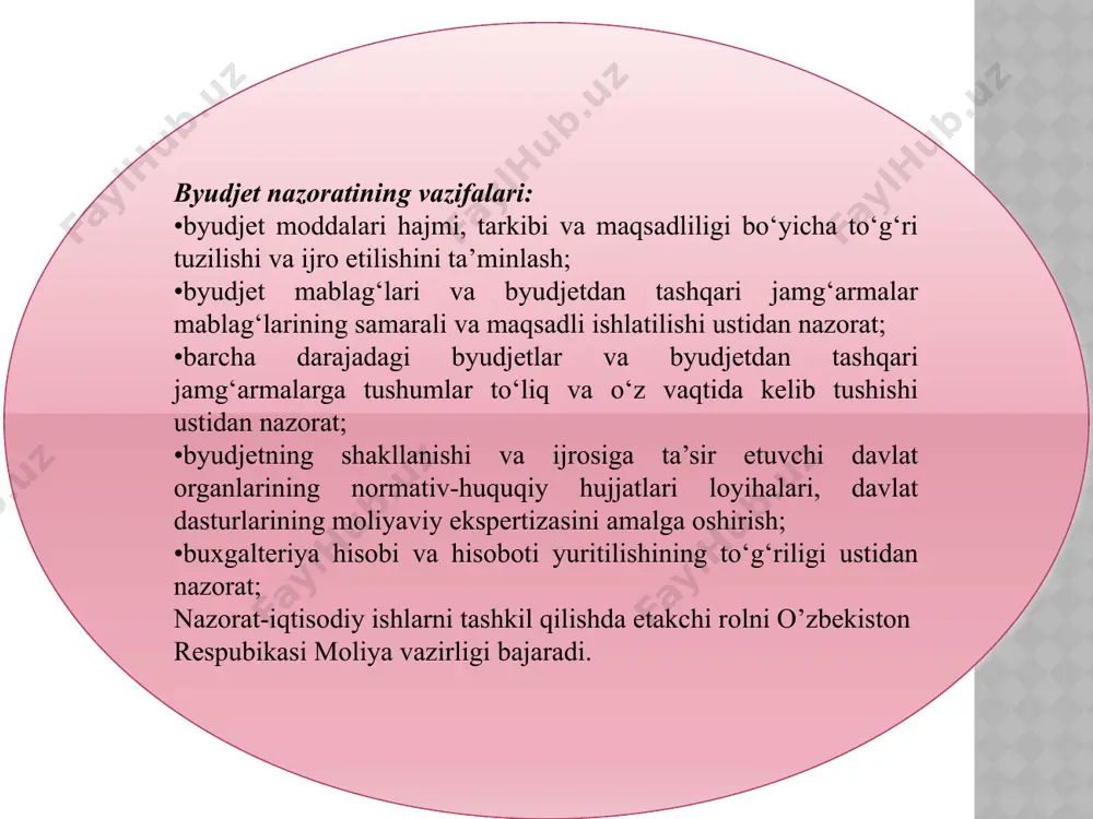 ajburiyatlari chegaralanishining to‘g‘riligini baholashni, ularning moliyaviy jihatdan o‘zini o‘zi ta’minlashi yuzasidan takliflar ishlab chiqishni; o‘zbekiston respublikasi moliya vazirligining budjet ssudalari va kredit liniyalaridan maqsadli foydalanilishi ustidan nazoratni; o‘zbekiston respublikasining xorijdagi diplomatik vakolatxonalari va konsullik muassasalari, shuningdek o‘zbekiston respublikasining xalqaro tashkilotlar huzuridagi missiyalari va vakolatxonalari tomonidan chet el valyutasidagi mablag‘lardan to‘g‘ri va maqsadli foydalanilishi ustidan nazoratni; davlat xaridlari to‘g‘risidagi qonunchilik talablarining to‘g‘ri qo‘llanilishi ustidan nazoratni; o‘zbekiston respublikasi pul-kredit va valyuta siyosatining, o‘zbekiston respublikasi aktivlari va majburiyatlari holatining, oltin-valyuta zaxiralarini boshqarishning, shuningdek qimmatbaho metallar va qimmatbaho toshlar bilan amalga oshirilayotgan operatsiyalarning tashqi auditini amalga oshiradi. quyi turuvchi moliya organlari tomonidan budjet to‘g‘risidagi qonunchilik ijrosining ta’minlanishi ustidan; ijtimoiy nafaqalar va kam ta’minlangan oilalarga moddiy yordam tayinlanishi hamda o‘z vaqtida to‘lanishi ustidan; budjet tashkilotlari va budjet mablag‘lari oluvchilar tomonidan smeta-shtat intizomiga rioya etilishining ta’minlanishi ustidan; aksiz solig‘i to‘g‘ri hisoblanishi va o‘z vaqtida to‘lanishi ustidan; aksiz to‘lanadigan ayrim turdagi tovarlarning aksiz markalari bilan to‘liq tamg‘alanishi …