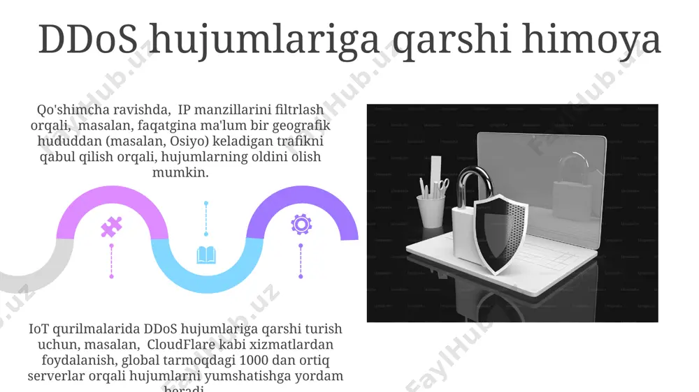 qlangan 1000 dan ortiq foydalanuvchi ma’lumotlari, masalan, shaxsiy parol va manzillar, zaif shifrlash algoritmlari tufayli germaniyadagi serverlarda xavf ostida qolishi mumkin. kirish nazorati muammolari iot qurilmalarining ishlab chiqaruvchilari tomonidan autentifikatsiya mexanizmlarining yetarlicha himoyalanmaganligi, masalan, 3 dan kam xavfsizlik protokoli qo'llanilishi, hindiston kabi rivojlanayotgan mamlakatlarda shaxsiy ma'lumotlarning o'g'irlanishiga olib kelishi mumkin. kirish parollarining zaifligi va standart bo'lmagan protokollarning qo'llanilishi sababli, 70% dan ortiq iot qurilmalari osongina buzilishi mumkin, bu esa masalan, germaniyadagi sanoat zavodlarida katta xavf tug'diradi. e'tiboringiz uchun rahmat @taqdimot_robot image4.jpg image5.jpg image6.jpg image7.jpg image8.jpg image9.jpg image10.jpg image11.jpg image12.jpg image13.jpg image14.jpg image15.jpg image16.jpg image17.jpg image18.jpg image19.jpg image20.jpg image1.jpeg image2.jpeg image3.jpeg