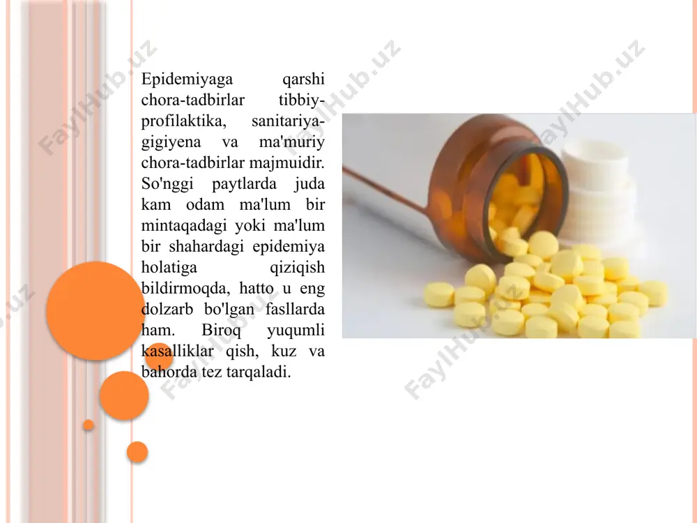 iq-ovqat sanoati va oziq-ovqat savdosi korxonalari; bolalar maktabi va maktabgacha ta'lim muassasalari; kommunal xizmatlar; uy-joy fondi; sog'liqni saqlash muassasalari; evakuatsiya qilinganlar uchun joylar, masalan, tabiiy ofat paytida; qutqaruv guruhlari, emf guruhlari va brigadalarining joylashuvi; bakteriyalar bilan ifloslanish, ionlashtiruvchi nurlanish ta'siri va boshqalar manbalari bo'lishi mumkin bo'lgan sanoat ob'ektlari. davolash va profilaktika choralari epidemiyaga qarshi chora-tadbirlarning yana bir majmuasi terapevtik va profilaktika tadbirlaridir. ushbu kompleksga kiritilgan asosiy tadbirlar asosan viruslarni zararsizlantirish, epidemiologik nazorat va tibbiy yordam sifatini oshirishga qaratilgan. mavsumiy epidemiyalar davrida poliklinikalarga turli klinik yo‘nalishlardan qo‘shimcha mutaxassislar ulanadi. ayni paytda bolalar bog'chalari va maktablarda karantin ko'pincha e'lon qilinadi. odamlar bilan tushuntirish ishlari davolash va profilaktika toifasidagi asosiy tadbirlar: ambulator davolanish; kurort terapiyasi va kasalliklarning oldini olish; statsionar davolanish; tibbiy koʻrik. shuningdek, sanitariya epidemiologiyaga qarshi rejim ma'muriy choralarni ham o'z ichiga oladi. quyida ularni batafsil ko‘rib chiqamiz. bir qator ma'muriy choralar ham epidemiyaga qarshi chora-tadbirlarning muvaffaqiyatiga bevosita ta'sir qiladi. bu shuni …