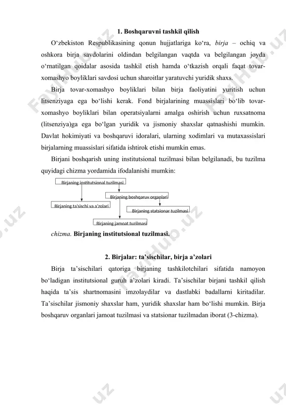 lash; · ta’sis hujjatlari (shartnoma, nizom, savdo qoidalari)ni tasdiqlash va o‘zgartirish; · birja qo‘mitasi yoki kengashi va taftish komissiyasini saylash va tasdiqlash; · ularning birlamchi tarkibi va tuzilmasiga qo‘shimcha va o‘z-garishlar kiritish; · birja faoliyati natijalarini tasdiqlash va foydani taqsimlash; · dividend to‘lash tartibini, shuningdek, zararlarni qoplash shart larini belgilash; · birjada joylar sonini belgilash (kamaytirish yoki oshirish) va ularning a’zolari uchun kvotalar belgilash; · birja qo‘mitasi (kengashi)ning tovar seksiyalarini yaratish (boshqarish), yangi birja a’zolarini qabul qilish haqidagi qarorlarini tasdiqlash; · ijro qo‘mitasi (kengashi) va birja personali xarajatlar smetasini tasdiqlash. narxlarni kotirovkalash – bu birja narxlarini birja qoidalari bo‘yicha ro‘yxatdan o‘tkazish va e’lon qilish. birja tovarlari narxini e’lon qilish sotuvchi va xaridorlar uchun mo‘ljal bo‘lib xizmat qiladi, ularga navbatdagi birja savdolarida o‘z xulq-atvor strategiyasini ishlab chiqishga yordam beradi. birja savdosi qatnashchilarini ular uchun noqulay bo‘lgan narx o‘zgarishlaridan birja sug‘urtalashi (xejlash) himoya qiladi. buning uchun birjada maxsus bitim turlari va ularni …