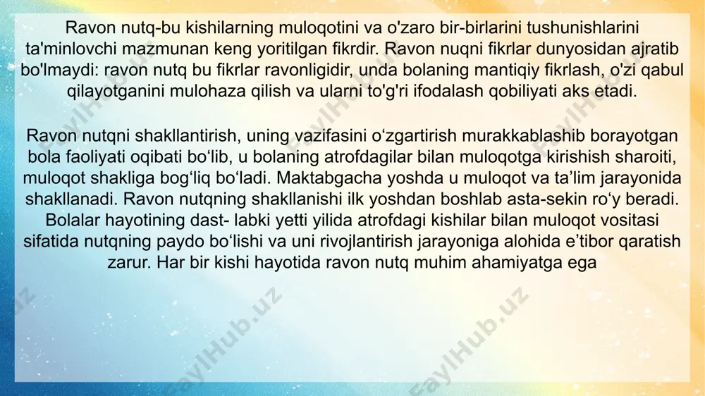 bor berishimiz kerakligini aniqlab olishimiz zarur. 9 10 bular, avvalo, ona vatan haqida dastlabki tasavvurlarni shakllantirishdan boshlanadi. unda «maktabgacha ta'lim tashkilotlari uchun dastur»da bolalarni buyuk siymolar, sarkardalar, ulug' mutafakkirlar haqida bilim berish nazarda tutilgan. ana shularning barchasi bolalarning milliy qadriyatlarimiz haqidagi bilimlarini aniqlash, mustahkamlash va kengaytirish asosida ravon nutqni rivojlantirishga yordam beradi. 10 e'tiboringiz uchun tashakkur 11 image1.jpeg image2.png image3.png image4.bmp image5.bmp image6.png image7.png image8.png image9.png