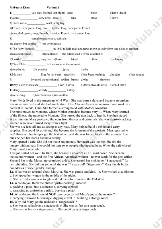 the telephone? a)what b)how c)who d)whom 10)my sister wishes she ____________ a car. a)drive b)drove c)would drive d)could drive 11)they____________ already ____________ a story. a)are/wirting b)have/writhen c)has/written davy crockett did many great things in his life. he was a frontiersman and an explorer. he became a leader in the creek indian war. he was later a congressman in the united states house of representatives. davy was born into a poor family, but he did not let that stop him from accomplishing many things. davy’s life began in a small cabin on august 17, 1786. he was the fifth of nine children. they moved many times when he was young. at the age of 13, davy ran away from home to avoid getting in trouble by his father. while on his own, he went from town to town and learned many skills through the jobs he took and as a hunter …