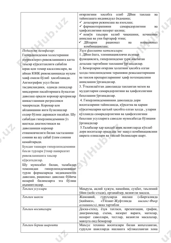 рапиясини муҳокама қилиш: · ўтказилган фармакотерапиянинг мазкур патологияни даволаш стандартига мослигини аниқлаш; · таъсир этувчи омилларни ва патологик жараённи оғирлигини хисобга олиб двни танлаш ва тайинлашга индивидуал ёндошиш; · дозаларни режимлаш ва изоҳлаш; · фармакотерапияни самарадорлигини ва ҳавфсизлигини назорат қилиш; · ножўя таъсири келиб чиқишини, кечишини аниқлаш ва уни бартараф этиш; · двларни рационал ва норационал комбинациялаш; педагогик вазифалар: гиперлипидемия холестеринни атеросклероз ривожланишига катта таъсир кўрсатганлиги сабабли юрак-қон томир касалликлари, ва айнан юик ривожланишида муҳим хавф омили бўлиб ҳисобланади. ангиографик усул билан тасдиқландики, одамда липидлар миқдорини пасайтиришга йуналган даволаш орқали коронар артериялар шикастланиши регрессияси чақирилади. коронар қон айланишини янги бузилишлар содир бўлиш даражаси пасайди. шу сабабдан гиперлипидемияни ўз вақтида диагностикаси ва даволаниши коронар етишмовчилиги билан хасталаниш сонини ва шу сабаб ўлим сонини камайтиради. бундан ташқари гиперлипидемияни баъзи турлари ўткир панкреатит ривожланишига таъсир кўрсатадилар. шу муносабат билан, талабалар томонидан гиперлипидемиянинг турли формаларида медикаментоз даволаш, рационал даволаш бўйича назарий билимларга эга бўлиш …