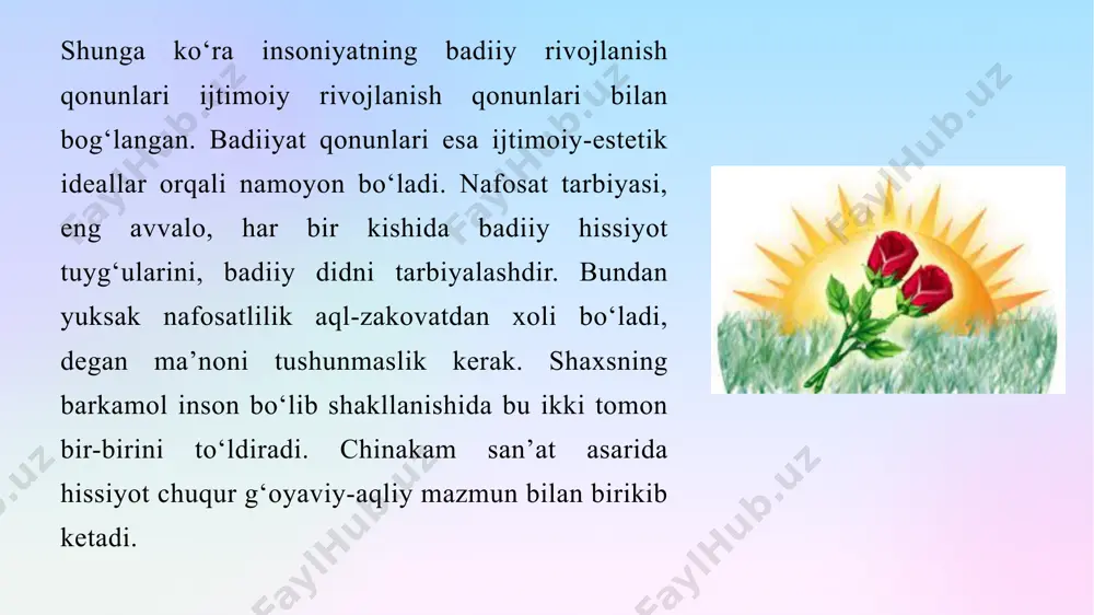 . har tomonlama to‘liq ma’nodagi chiroy esa, husn-jamol qalb go‘zalligida, ma’noli so‘zdadir. xalqimiz ham „chiroy xusn-u jamolda emas, fazl-u kamolda“, deb bejiz aytmagan! go‘zallik tarbiyasida shu narsaga erishish kerakki, tashqi qiyofani haddan tashqari bezayvermasdan, asosan ma’naviy olamini bezash uchun intilish lozim. shunday ekan, bolada juda yoshlikdanoq odob go‘zalligiga erishishimiz zarurdir. nafosat tarbiyasi barcha yoshdagi kishilarga bab-baravar zarur. ammo butun tarbiya tizimida, amalda isbotlanganidek, nafosat tarbiyasini singdirishni insonning bolalik davridan boshlash nihoyatda muhim, u davr inson hayotida fe’l-atvor, irodaning, did, go‘zallik tuyg‘usi va hayotiy tushunchaning paydo bo‘lishi va shakllanishi davridir. 3. nafosat tarbiyasining vazifalari bolalikda aql-farosat, axloqiy ko‘nikmalarni tarbiyalash bilan bir qatorda, ularda chiroyli, nafis, go‘zal narsalardan zavq ola bilishni, go‘zallikni dag‘allikdan, qo‘pollikdan tez ajrata olish qobiliyatini tarbiyalashimiz kerak. go‘zallikni xunuklikdan ajrata olish, go‘zallikni sevish, unga intilish qobiliyati soddalikdan murakkablikka qarab o‘sib boradi. bola to‘rt-besh yoshidayoq kiyinishdagi go‘zallikka, ixchamlikka, nafislikka, chiroylilikka e’tibor bera boshlaydi, to‘qqiz-o‘n yoshlarda esa yurish-turishdagi, xatti-harakatdagi go‘zallikning ham …