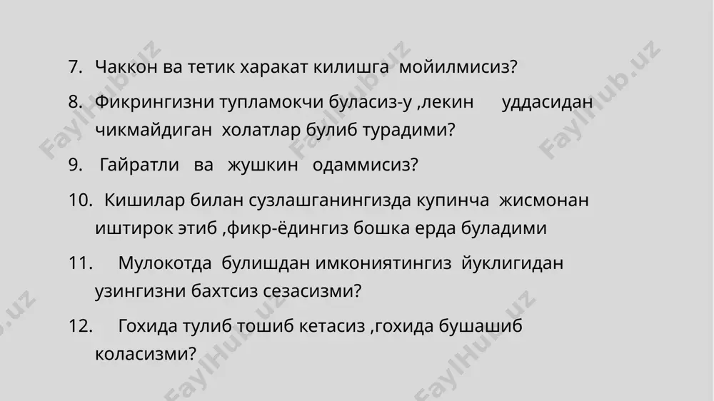 агиларни хайри-хохлиги ва ёрдамини кузгашга мойил интилувчан булади. меланхолик кишини куп нарса безовта килмайди .одамларга аралашмасликка ва ёлгизликка мойил буладилар,кишилар билан алока килишдан узларини четга тортадилар. image1.jpeg image2.png image3.png /docprops/thumbnail.jpeg