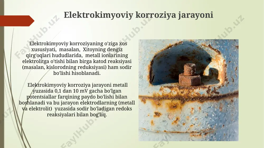 urlari uchun mos keladi. titan qotishmalari, jumladan ti-6al-4v, biotibbiyot implantatlari uchun ideal tanlovdir, chunki ularning korroziyaga chidamliligi yuqori va inson tanasi bilan 20 yildan ortiq muloqot qilishi mumkin. himoya qoplamalari va ularning turlari organik himoya qoplamalari, masalan, bo'yoqlar va laklar, turli xil metallarni korroziyadan himoya qilish uchun keng qo'llaniladi. masalan, 3 qatlamli epoksi bo'yoqlar 5 yilgacha ishonchli himoya ta'minlaydi, xususan, toshkent shahri sharoitida. himoya qoplamalari metall sirtlarini korroziyadan himoya qilishning samarali usuli bo'lib, masalan, 100 mikron qalinlikdagi sink qoplamasi (galvanizatsiya) temir buyumlarni nam muhitda 20 yildan ortiq himoya qilishi mumkin. e'tiboringiz uchun rahmat @taqdimot_robot image1.jpg image2.jpg image3.jpg image4.jpg image5.jpg image6.jpg image7.jpg image8.jpg image9.jpg