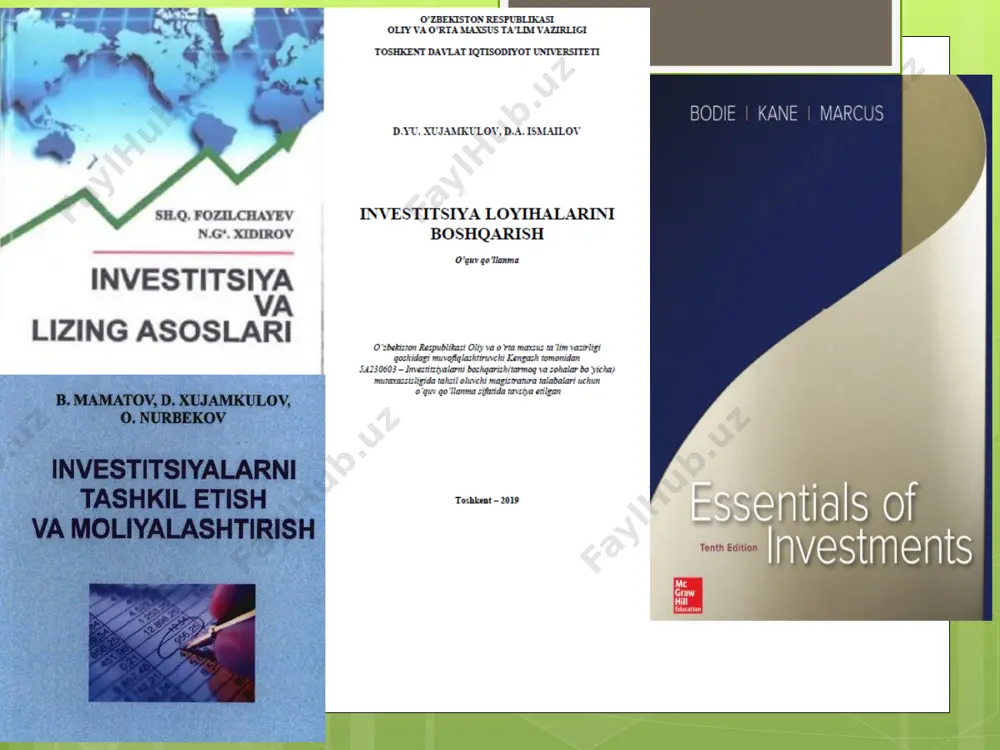 ita katta guruhga bo‘linadi: - tizimli risklar; - tizimsiz risklar. tizimli risklar - (investitsiya portfeli risklari) xatar ta’siriga ba’zi bir qimmatli qog‘ozlar emas, balki butun bozor, uning katta bir qismi risklarga uchraydi. bu holda iqtisodiy nobarqarorlik tufayli yoki boshqa sabablarga ko‘ra ko‘pchilik emitent va qimmatli qog‘ozlar egalari zarar ko‘rishlari mumkin. tizimli risklar foiz riski; valyuta riski; inflyatsiya riski; siyosiy risklar. tizimsiz risklar xatarga ba’zi bir qimmatli qog‘ozlar yoki ularning majmuasi uchraydi, ya’ni ma’lum bir korxonaning qimmatli qog‘ozlari yoki tarmoqning qimmatli qog‘ozlari kiradi. tadbirkorlik riski; moliyaviy risklar; nolikvidlik riski. tizimsiz risklar loyiha faoliyatidagi risklarning quyidagi guruhini keltirish mumkin: 1) loyiha ishtirokchilari riski; 2) loyiha smeta qiymatining oshish riski; 3) qurilishning o‘z vaqtida tugamaslik riski; 4) ish va obyekt sifatining pastligi riski; 5) konstruksion va texnik risklar; 6) ishlab chiqarish riski; 7) boshqaruv riski; 8) sotish riski; 9) moliyaviy risk; 10) ma’muriy risk; 11) huquqiy risk; 12) fors-major riski. investitsiya risklarini baholash …