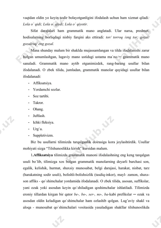 ositasida yasaladigan shakllar tilshunoslikda sintetik shakllar deb aytiladi. chunonchi, kitoblar, akamga, uylarimizda, kelmasaydingiz, yaxshiroq, onta kabi shakllar sintetik shakl sanaladi. 2. yordamchi sozlar. bular ham grammatik mano ifoda qilish uchun qollaniladi. komakchilar ot, ma’nosi toraygan sozlar bilan birga kelib, ozi aloqador bolgan sozni boshqa soz bilan munosabatga kiritadi: biz kelajakka ishonch bilan qaraymiz (a.q.) - holat ma’nosi voqelangan; telefon orqali gaplashdim -vosita ma’nosi voqelangan; dostlik biz uchun hamisha ilhom va kuch-quvvat manbai bolib kelgan (o’.u) - atalganlik ma’nosi voqelangan. ozbek tilida yordamchi sozlar juda katta guruhni tashkil etib, komakchi, boglovchi va yuklamalarning yarim boglovchi, yarim komakchi, yarim yuklama kabi turlari mavjud bo`lib, bunday sozlar ham mustaqil, ham yordamchi manoga ega. chunonchi, ishning boshida abdurahim turar edi. yordamchi sozlar sifatida ozbek tilida juda, eng, bagoyat, nihoyatda, ota, sal, bir muncha kabi ravishlar ham, olmoq, bermoq, qolmoq, otirmoq, chiqmoq, ketmoq, boshlamoq, bolmoq kabi 40 dan ortiq fellar ham keng qollaniladi. yordamchi sozlar …