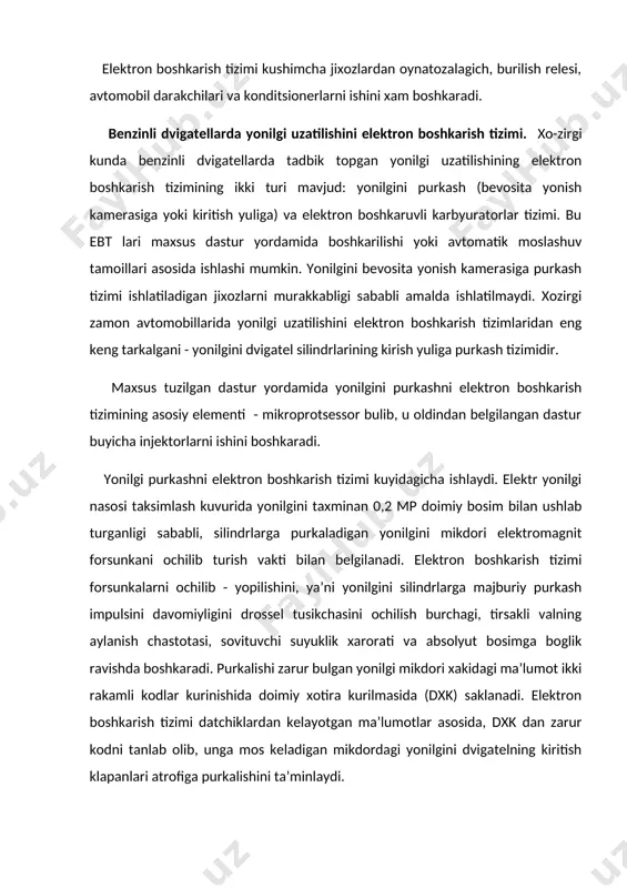 elayotgan ma’lumotlar asosida, dxk dan zarur kodni tanlab olib, unga mos keladigan mikdordagi yonilgini dvigatelning kiritish klapanlari atrofiga purkalishini ta’minlaydi. benzinli dvigatellarda yonilgi purkalishini elektron boshkarish tizimining tarkibiy sxemasi 140-rasmda kursatilgan. 140-rasm. benzinli dvigatellarda yonilgi purkalishini elektron boshkarish tizimining tarkibiy sxemasi taksimlagich 2 ga urnatilgan kushimcha kontaktlar dvigatel tirsakli valining aylanish chastotasi xakidagi ma’lumotlarni impuls signal sifatida shakllantiradi. bu signal analog-rakamli uzgartirgich (aru) 5 ga uzatiladi va rakamli kod kurinishiga keltiriladi. drossel tusikchasini xolatini belgilovchi datchik 1 dan kelgan signal ikkinchi aru 4 yordamida rakamli kodga aylantiriladi. takt generatori 3 aru ishlashi uchun zarur bulgan doimiy chastotali impulslarni shakllantirib beradi. rakamli kod shaklidagi aylanishlar chastotasi va drossel tusikchasini xolati xakidagi signallar ebt ning doimiy eslab kolish kurilmasi 6 ga uzatiladi. dxk da dvigatel aylanish chastotasi va drossel tusikchasini ochilish burchagiga boglik ravishda elektromagnit klapan ochilish vaktini belgilovchi rakamli signal xosil kilinadi va mikroprotsessor 7 ga uzatiladi. mikroprotsessor 7 dxk dan …