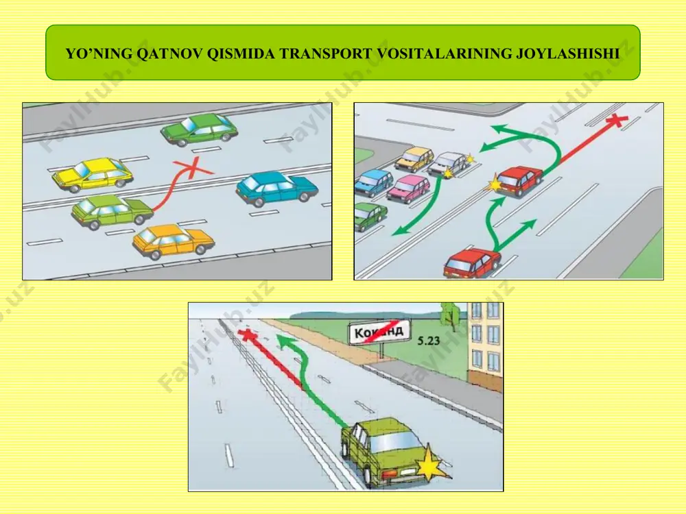 rt vositalarin 50 km/s; transport vositalarining harakat tezligi ko’rsatilgan chegaraviy ko’rsatgichlardan oshmasligi kerak. - xavfli, oғir vaznli va katta o’lchamli yuklarni tashiyotgan, tashkiliy jamlanmada harakatlanayotgan transport vositalari yhxb bilan kelishilgan tezlikdan oshirmasdan harakatlanishga ruxsat etiladi. har qanday yo’llarda: haydovchilarga quyidagilar ta`qiqlanadi: tezlikni transport vositalarining texnik tavsifnomasida ko’rsatilgan eng yuqori tezlikdan oshirish; tezlikni transport vositalarining o’rnatilgan taniqlik belgida ko’rsatilgandan oshirish; zaruriyat bo’lmaganda juda past tezlikda harakatlanib, boshqa transport vositalariga halaqit berish; yo’l-transport hodisasining oldini olish zaruriyati bo’lmaganda, keskin tormoz berish. nazorat savollari: 1. yo’lning harakatlanish bo’lagi. 2. yo’lning tor qismida qarama-qarshi harakatlanish qaysi transport vositalarining haydovchisi yo’l berishi kerak? 3. qanday hollarda tramvay izlarida harakatlanishga ruxsat beriladi? 4. transport vositalarining orasidagi oraliq masofa qanday tanlab olinadi? 5. qanday sharoitlarni hisobga olib transport vositalarining tezligi tanlab olinadi? 6. har qanday yo’llarda transport vositalarining tezligi qanday qiymatdan oshmasligi kerak?