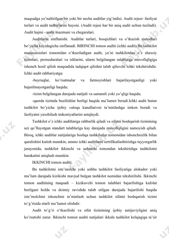 qlash mumkin. ikkinchi tomon auditi bu tashkilotni iste’molchi yoki ushbu tashkilot faoliyatiga alokador yoki ma’lum darajada kizikishi mavjud bulgan tashkilot nomidan tekshirilishi. ikkinchi tomon auditining maqsadi – kizikuvchi tomon talablari bajarilishiga kafolat berilgani holda va doimiy ravishda talab etilgan darajada bajarilishi haqida iste’molchini ishonchini ta’minlash uchun tashkilot sifatni boshqarish tizimi to’g’risida etarli ma’lumot olishdir. audit to’g’ri o’tkazilishi va sifat tizimining ijobiy natijaviyligini aniq ko’rsatishi zarur. ikkinchi tomon auditi natijalari ikkala tashkilot kelajagiga ta’sir ko’rsatuvchi tijorat qarorlarini keltirib chiqishini yodda tutish kerak. shuning uchun ham, kafolatlangan aniq ma’lumot olish uchun, audit malakali, tegishli tayyorgarlikdan o’tgan xodimlar tomonidan o’tkazilishi kerak. agar biror-bir tashkilot boshqa tashkilotda audit o’tkazish uchun mustaqil tashkilot (masalan, sertifikatlashtirish bo’yicha idora yoki konsalting kompaniyasi) ga buyurtma bersa, va tekshiruvchi tashkilotdan tekshirish natijalarini olsa, auditni buyurtma bergan tashkilot o’tkazgan deb hisoblashimiz mumkin. uchinchi tomon auditi tashqi mustaqil tashkilot (uchinchi tomon) tomonidan o’tkaziladigan tekshirish. odatda uchinchi tomon auditi sertifikatlashtirish maqsadida o’tkaziladi. …