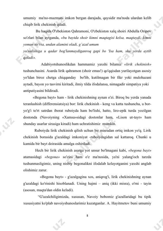 hekinish» bilan «begonalik» - bir-biriga juda yaqin tushunchalar hisoblanadi.” i bob. g`azal janrining o`tmishi va buguni xususan, g`azal janrining yangi davrdagi taraqqiyot yo`li haqida gapirishdan avval, janr atamasiga nazar tashlasak maqsadga muvofiq bo`ladi, deb o`ylaymiz. janr – adabiy asarlarning tarixan shakllanuvchi tipi, muayyan davr milliy yoki jahon adabiyotida umumiy xususiyatlari bilan turlicha ko`lamdagi guruhlarni tashkil qiluvchi asarlarni anglatuvchi tushuncha. ta`rifdagi janrning muayyan davr milliy yoki jahon adabiyotida umumiy xususiyatlarga ega bo`lgan turlicha ko`lamdagi guruhlarga g`aza janri ham kiradi. bu janrning rivojida quyidagi uch omil uning har bir millat, davr doirasidagi o`ziga xos jihatlarini tayin etadi: 1) muayyan tarixiy davr; 2)g`azalning milliy xususiyatlari; 3)umumsharq adabiyotidagi o`ziga xosliklari demakki, har bir janrning yaratilishi uchun qulay tarixiy sharoit, ehtiyoj va badiiy mushohada ko`lami mavjud bo`lishi darkor. bu ko`rsatkichlar bir nuqtaga birlashgani holda muayyan bir janr dunyoga keladi. albatta, bularning barini milliy badiiy tafakkur mezonlari tartibga soladi, nazorat qilib boradi. g`azal x-xi asrlarga kelib …