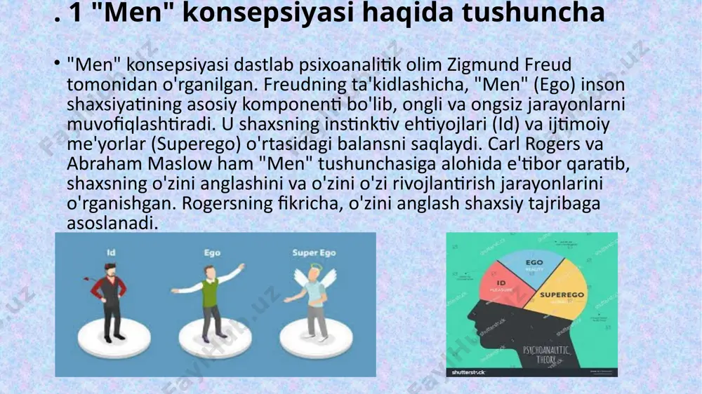 itobida keng bayon qilgan. jamesning "men" haqidagi nazariyasi ikkita asosiy tushunchaga asoslanadi: "i" (mening sub'ektiv tajribam) va "me" (mendan tashqi dunyo bilan bog'liq bo'lgan tajribam). bu farqlash orqali u shaxsning o'z-o'zini anglash va o'zini qanday ko'rishi o'rtasidagi murakkab bog'liqlikni tushuntirgan. "i" (faol men) – bu insonning o'z tajribasini sub'ektiv ravishda anglashidir. "i" bu shaxsning faol, boshqaruvchi qismi bo'lib, u atrof-muhitga javob qaytaradi va o'z hayotini boshqaradi. james bu qismni shaxsning ichki "qiyofasi" deb ataydi, ya'ni o'zini ongli ravishda sezish va tajribani tushunish jarayonida ishtirok etuvchi sub'ekt. "me" (obyektiv men) – bu shaxsning o'zi haqida ongida shakllangan obrazidir. "me" uch asosiy tarkibiy qismga ega: jismoniy "men" (tashqi ko'rinish), ijtimoiy "men" (boshqalar oldidagi o'zini tutishi) va ruhiy "men" (insonning ruhiy tajribalari). bu obraz insonning o'zini qanday baholashi va boshqalar qanday ko'rishini o'z ichiga oladi. jamesning fikricha, "men"ning ikki qismi o'zaro ta'sirda bo'lib, shaxsning o'zini anglashini va ruhiy rivojlanishini shakllantiradi. u o'zini anglashning …