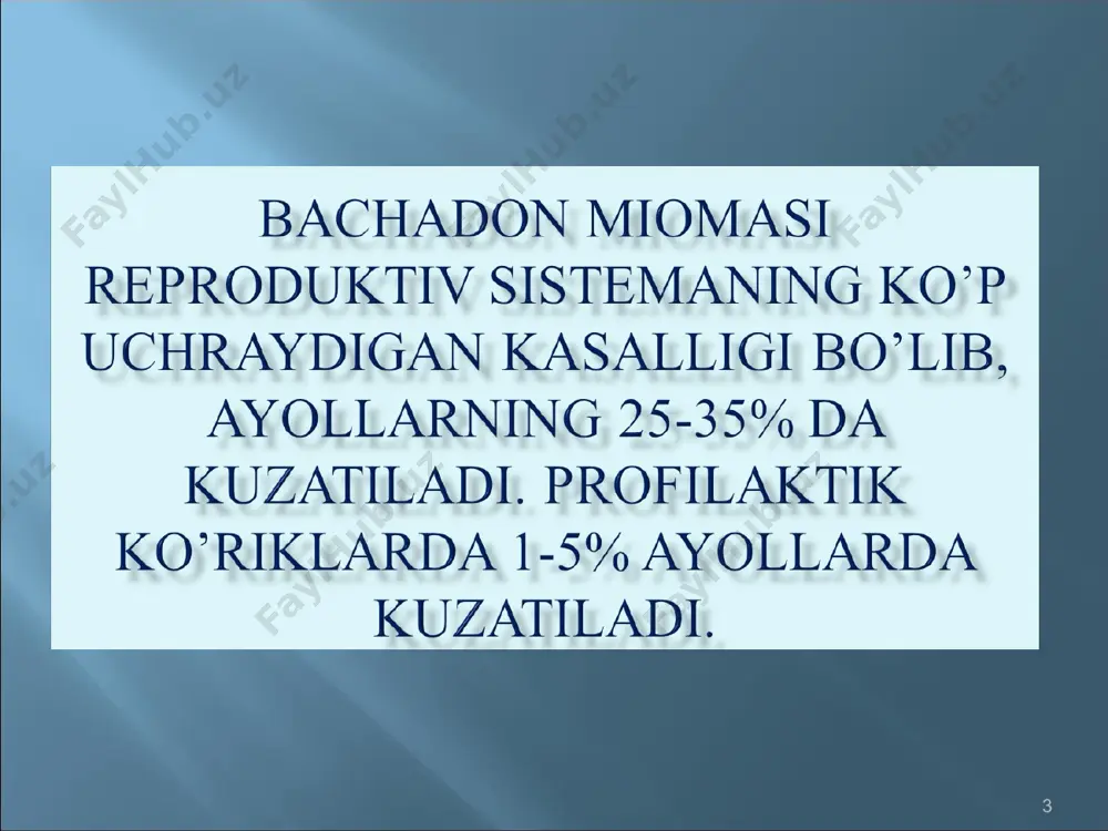 l va bola tug’ish funksiyasini saqlab qolgan holda miomatoz tugunni olib tashlash. * * 1. subseroz va oyoqchadagi tugunlar. 2. homilani ko’tara olmaslik (nevinashivanie beremennosti) va bepushtlikka boshqa sabablar bo’lmaganda 4 sm dan ortiq miomatoz tugunning mavjudligi. 3. anemiyaga olib keladigan meno- va metrorragiyalar. asosiy sabab – bachadonning qisqaruvchi faoliyatining buzilishi va bachadon bo’shlig’i deformasiyasi. 4. tez o’suvchi va katta o’lchamli miomatoz tugunlar (10 sm dan katta). * 5. miomatoz tugunda qon aylanishining buzilishi natijasida chanoqdagi og’riq sindromi. 6. o’smaning qo’shni organlarni (qovuq va ichak)ni mexanik bosib qolishi natijasida ular faoliyatining buzilishi. 7. bachadon miomasining xirurgik davo talab qiluvchi boshqa kasalliklar bilan birgalikda kelishi. * * * * * * * * * * * * * * * * * * * * * * bachadon arteriyalari embolizasiyasi(bae) —bachadon miomasini davolashni yuqori effekriv usuli bo’lib, ko’pchilik bemorlarda kasallik alomatlarini kamaytirib, bachadonni saqlab qolgan holda mioma hajmini kichrautirishga imkon beradi. …