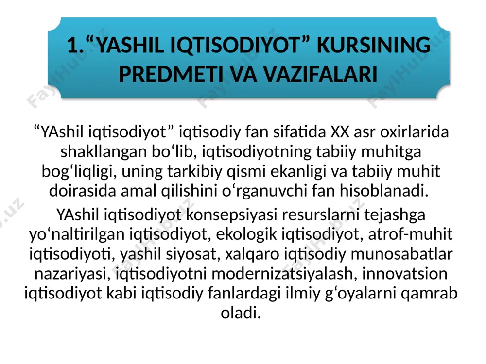 amaliyotga tadbiq etish bosqichlarini turli (nazariy, g‘oyaviy, siyosiy va iqtisodiy) darajalarga bo‘lish zaruriyatining mavjudligi; tahlillar va ilmiy ishlanmalarning fanlararo xarakterga egaligi. “yashil iqtisodiyot” fanida ilmiy bilish usullarini tanlash va tadqiqot stategiyasini tuzishda quyidagi tamoyillar muhim ahamiyat kasb etadi: talabalarda “yashil iqtisodiyot” konsepsiyasi, “yashil iqtisodiyot”ga o‘tish zaruriyatini asoslash, “yashil iqtisodiyot”ni baholash ko‘rsatkichlari va indikatorlarini tahlil etish, jahon amaliyotida shakllangan “yashil iqtisodiyot”ga o‘tish modellarini qiyosiy o‘rganish, o‘zbekistonda “yashil iqtisodiyot”ni rivojlantirish bo‘yicha bilim va ko‘nikmalarni shakllantirishdan iborat. “yashil iqtisodiyot” fanining maqsadi - “yashil iqtisodiyot”ga oid kategoriyalar va tushunchalar mohiyatini ochib berish; barqaror rivojlanishni ta’minlashda “yashil iqtisodiyot”ning tutgan o‘rnini baholash; “yashil iqtisodiyot” konsepsiyasining maqsadi, tamoyillari va amalga oshirish mexanizmini tahlil etish; “yashil iqtisodiyot” va “yashil o‘sish” miqyosini baholashning xalqaro tashkilotlar tomonidan tavsiya etilayotgan yondashuvlarini qiyosiy tahlil etish; “yashil iqtisodiyot”ga o‘tish jarayonini moliyalashtirish holati, ko‘rsatkichlari va rivojlanish istiqbollarini o‘rganish; “yashil energetika”ga barqaror rivojlanish omili sifatida baho berish; organik qishloq xo‘jaligini rivojlantirish muammolarini o‘rganish; jahondagi ekologik …