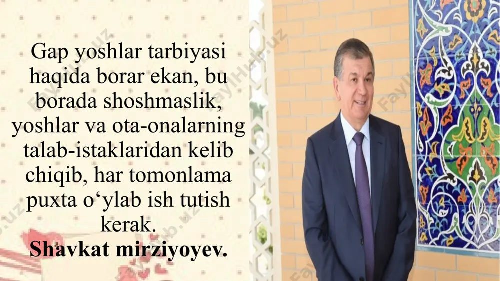 ni maktabdan sovitadi. sinf rahbari o‘z ish rejasini tuzishda quyidagi qator talablarga rioya qilishi kerak: a) tarbiya vazifalarining to‘g‘riligi va aniqligi; b) rejaning qisqaligi va detallashtirishda me’yorga rioya qilish; v) o‘quvchilar faoliyatini tashkil etishning eng ma’qul variantlarini tanlash; g) mo‘ljallangan ishlarni rejalashtirishda uning kundalik ahamiyati va uzoqni mo‘ljallab tuzilganligi; d) pedagogik rahbarlik va o‘quvchi-talabalar faolligining birligi; e) mazkur ta’lim muassasasi ichki ishlarining tashqaridagi ishlar bilan uzviyligi; j) o‘quvchi-talabaning tarbiyalanganlik darajasi bilan ularning hayot tarzi o‘rtasida bog‘liqlik; z) yosh va o‘ziga xos xususiyatlarni hisobga olish; k) shaxs tarbiyalanganlik darajasini nazarda tutish; l) ta’lim muassasasining turli tadbir va rejalari bilan kelishilganligi; sinf rahbari ish rejasining tuzilishi: sinfdan tashqari ishlar ham tarbiyaviy ishlarning bir qismi bo`lib, bu jarayon sinfdan tashqari ishlarda namoyon bo`ladi. sinf rahbari va guruh murabbiysi eng yangi voqea va hodisalarni, respublikamizdagi va jahondagi o‘zgarishlarni birinchi bo‘lib yoshlarga etkazuvchi hisoblanadi. yaxshi tarbiyachi - avvalo, yuqori insoniy fazilatli, to‘g‘riso‘z, halol va barcha …