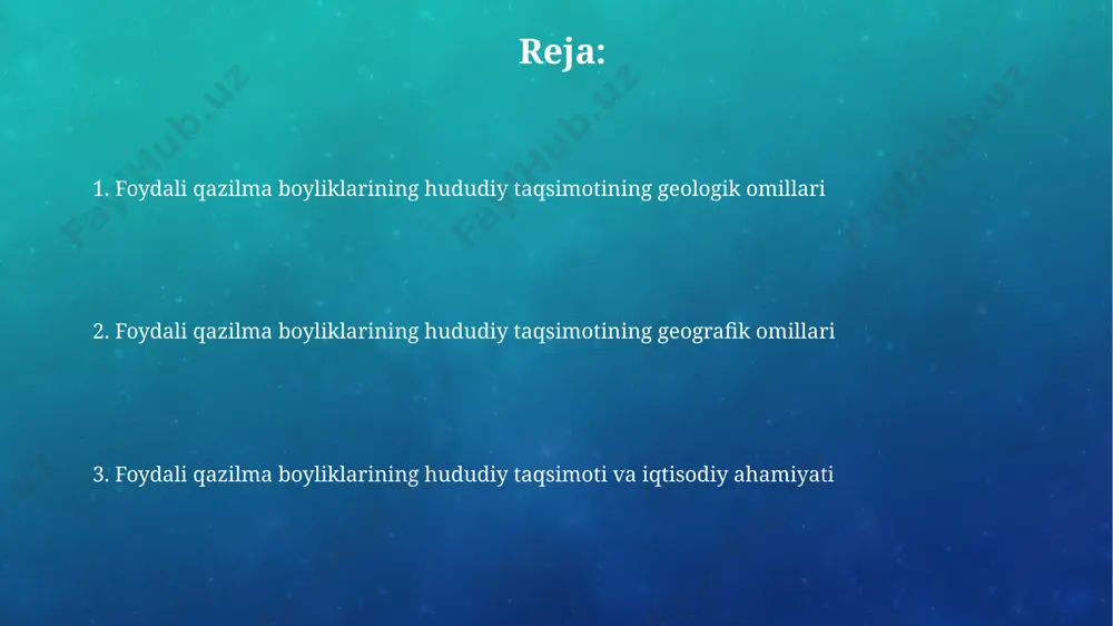 mavjud bo'lib, taxminan 40 ming tonnadan ortiq oltin qazib olingan va bu mintaqani dunyodagi eng boy oltin konlari joylashgan hududlaridan biriga aylantiradi. metamorfik tog' jinslari va ularning minerallari metamorfik togʻ jinslari tarkibida, masalan, oʻzbekistonning turkiston tizmasida 3000 metr chuqurlikda topilgan gneyslarda, yuqori harorat va bosim taʼsirida hosil boʻlgan kvars, muskovit va biotit minerallari mavjud. qoraqalpogʻistonning sharqiy qizilqum hududlaridagi amfibolitlar tarkibida 5-10% miqdorida magnetit va ilmenit kabi temir rudalari minerallari uchraydi, bu hududning sanoat ahamiyatini oshiradi. foydali qazilmalarni qidirish va qazib olish usullari geofizik usullar, masalan, seysmik tadqiqotlar yordamida yer osti tuzilmalarini 3d tasvirini olish va 1000 metr chuqurlikka qadar neft va gaz konlarini aniqlash mumkin, bu esa oʻzbekistonning buxoro-xorazm viloyatlarida keng qoʻllaniladi. sun'iy yo'ldosh ma'lumotlari va geografik axborot tizimlaridan (gaz) foydalanib, 500 kvadrat kilometr maydondagi hududda potensial minerallarni aniqlash va geologik xaritalarni yaratish mumkin, bu esa geologik razvedka xarajatlarini sezilarli darajada kamaytiradi. yer qobig'ining minerallashgan zonalari markaziy osiyo mintaqasida, xususan, …
