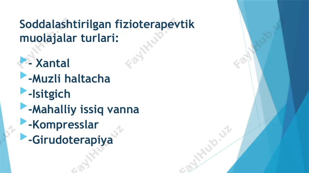 ozalab olinadi. isituvch compress qo’yish. kerakli jihozlar:lotok,qaychi,kleyonka yoki suv o’kazmaydigan qog’oz. bajarish algoritmi: 1.bemorga muolaja maqsadi tushuntiriladi. 2.qo’lyuviladi,quritiladi,qo’lqoplar kiyiladi.bemor qulay vaziyatga yotqiziladi. 3.muolaja bajariladigan teri sohasi ko’zdan kechiriladi. 4.8 qavatli doka salfetka teri ustiga qo’yiladi. 5.doka ustidan kleonka qo’yiladi. 6.avvalgi qavatlardan 2sm qalinlikda paxta bilan qoplanadi.kompress bint bilan qoplanadi. 7.muolaja 6-12 soat o’tkaziladi.har 2 soat ichida compress orasiga barmoq kirgizilib unung namligi va iliqligi tekshirib turiladi. 8.agar 2 soat ichida qurib qolgan bo’lsa ,kompress noto’g’ri qo’yilganligidan dalolat beradi. 9.belgilangan vaqtdan so’ng compress echiladi,teri quruq salfetka bilan artiladi,issiq qilib o’rab qo’yiladi. zuluk qo’yish uchun kerakli ashyolarni va bemorni tayyorlash. kerakli jihozlar:steril pinset, lotok, vodorod peroksidli flokon, qaynatilgan issiq suv, namakopli suv, glyukoza eritmasi, probirka, steril tomponlar, salfetkalar, bog’lov materiallari. bajarish texnikasi: zuluk qo’yiladigan joy juni qirilib terisi avval peroksid bilan, so’ngra issiq suvga xo’llangan steril paxta bilan yuviladi va quruq qilib artiladi. zuluklar badan terisiga yaxshiroq yopishib olsin deb o’sha joyni …