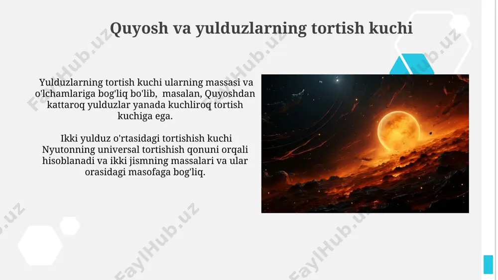 aroq boʻlganlar, supernova portlashlari bilan yakunlanadi, bu jarayon davomida ogʻir elementlar kosmosga tarqaladi. yulduzlarning tugʻilishi gigant molekulyar bulutlarning tortishish kuchi taʼsirida yuz beradi, bu bulutlar ichida 100 000 dan ortiq quyosh massasiga teng gaz va chang mavjud. galaktikadagi tortish kuchining ta'siri galaktikadagi spiral qo'llarining shakllanishi va ularning aylanish tezligi, ichki va tashqi qismlardagi massaning taqsimlanishi va gravitatsion o'zaro ta'siriga bog'liq bo'lib, differentsial aylanish hodisasini keltirib chiqaradi. galaktikamizdagi yulduzlar orasidagi tortishish kuchi, taxminan 10 11 quyosh massasiga teng bo'lgan qora tuynukning gravitatsion ta'siri tufayli galaktikaning spiral shaklini saqlaydi. quyosh sistemasidagi tortish kuchining ta'siri quyoshning tortish kuchi, yerning o'z o'qi atrofida 24 soatda aylanishiga va oyning yer atrofida aylanishiga sabab bo'ladi, bu esa oqimlar va to'lqinlarni keltirib chiqaradi. quyosh sistemasidagi sayyoralar orbitasining elliptik shakli, quyoshning tortish kuchining ta'siri va sayyoraning tezligining o'zgarishi natijasida hosil bo'ladi, bu kepler qonunlari bilan tasvirlanadi. e'tiboringiz uchun rahmat @taqdimot_robot image1.jpg image2.jpg image3.jpg image4.jpg image5.jpg image6.jpg image7.jpg image8.jpg …