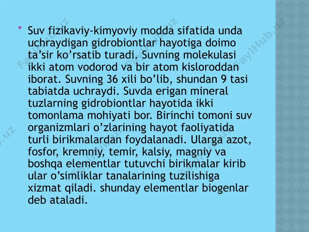 biatda ikki moddaning bir-biri bilan muloqotining oksidlanish va tiklanish reaksiyasi hosil bo’ladi ya’ni moddalardan biri o’zining elektronlarini berib, ikkinchi modda elektronlarini qabul qilib salbiy tiklanadi, bu jarayon vodorod ionlarining qatnashishi natijasida bo’ladi. suvning tiniqligi undagi muallaq zarrachalarning miqdoriga bog’liq bo’lib gidrobiontlarning son va sifatiga tarqalishiga ta’sir qiladigan omil hisoblanadi. suv ortiqcha loyqa va tiniqligi past bo’lgan havzalarda o’simliklar kam uchraydi va fotosintez jarayoni ham past darajada bo’ladi. suv tirik organizmlarning yashashi uchun mihim ahamiyatga ega. chunki har qanday hayvon, o’simlik va kishilarning hujayra va to’qimalarida ma’lum miqdorda suv bor. o’simlik va hayvonlar organizmida suvning miqdori 50-98% gacha bo’ladi. inson vaznining 70% suvdan iborat. yer kurrasida suv qatlami sayyoramizda termik rejimni tartibga solib turadi. okean va dengizdagi suvlar quyoshdan kelayotgan issiqlikni to’plab, qishda uning atrofini juda ham sovushidan saqlab turadi. atmosferadagi suv bug’lari esa quyosh radiatsiyasini filtri hisoblanadi. sayyoramizdagi umumiy suvning miqdorini 1,65% ni muzliklardagi suv tashkil qiladi. muzliklarda 24 mln …