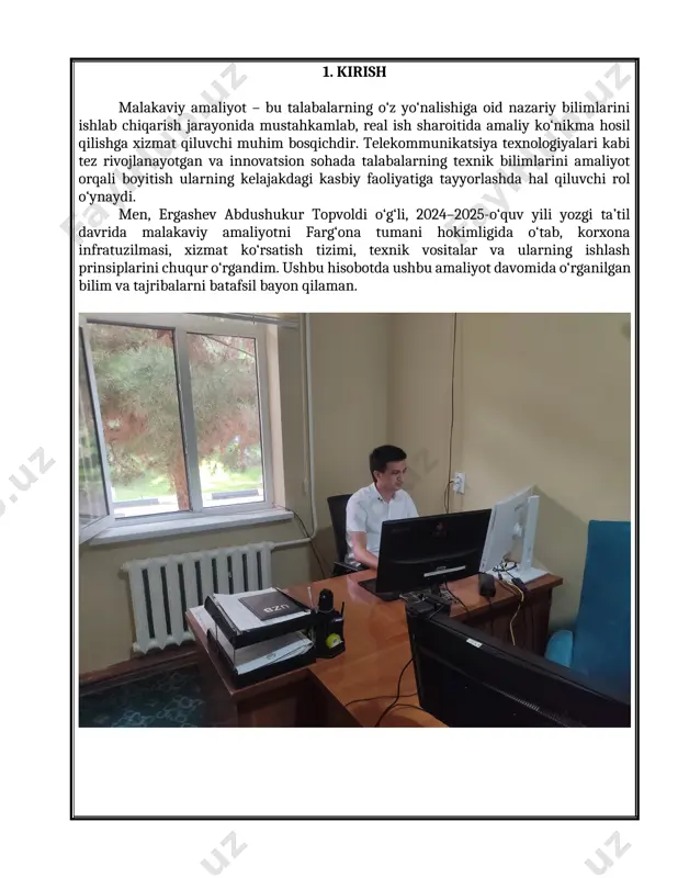 ndalik ish faoliyati doirasida turli abonentlardan kelgan murojaatlarni ko‘rib chiqish va hal etishda faol ishtirok etdim. jumladan: · qurilma ishdan chiqqan holatlarda diagnostika, kabel sinovlari, uskunani almashtirish. · chastota to‘qnashuvi yoki signal pasayishi bo‘yicha turli simsiz tarmoqlarda sozlamalarni o‘zgartirish. · mahalliy tarmoqdagi ip manzillar bilan bog‘liq xatoliklarni bartaraf qilish. 4. o‘rganilgan bilim va ko‘nikmalar amaliyot davomida quyidagi yangi bilim va ko‘nikmalarga ega bo‘ldim: · telekommunikatsiya protokollari: tcp/ip, pppoe, dhcp, vlan, snmp asoslari. · tarmoq xavfsizligi: routerda portlarni yopish, mac-filtrlash, tarmoq monitoringi. · qo‘llanilayotgan texnik vositalar: huawei, zte, tp-link, mikrotik, d-link qurilmalari bilan amaliy tajriba orttirildi. · qurilma konfiguratsiyasi va dasturiy interfeyslar bilan ishlash: winbox, routeros, zabbix. · jamoada ishlash, muomala qilish, texnik hujjat tayyorlash madaniyati bilan tanishdim. 5. xulosa va takliflar 2024–2025-o‘quv yilida o‘tgan malakaviy amaliyotim davomida o‘z yo‘nalishim bo‘yicha muhim bilim va amaliy tajribalarni egalladim. amaliyot davomida zamonaviy telekommunikatsiya tarmoqlari, ularning ishlash tamoyillari, qurilmalarning texnik xususiyatlari va ularni sozlash …