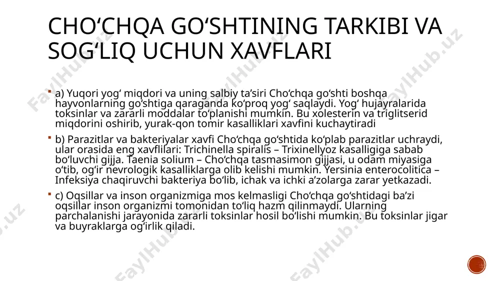 tizimiga salbiy ta’sir qiladi. islomda cho‘chqa go‘shti taqiqlanganining asosiy sababi allohning buyrug‘idir, biroq ilmiy nuqtayi nazardan qaraganda ham uning zararli jihatlari borligi ko‘rinib turibdi. cho‘chqa go‘shti o‘zining tarkibi, ta’mi va oziqaviy qiymati bilan boshqa go‘sht turlaridan ajralib turadi oziqaviy qiymati yuqori oqsil miqdori: 18–22% oqsil tarkibiga ega, bu mushaklarning rivojlanishi va tiklanishi uchun muhim. yog‘ miqdori o‘zgaruvchan: 10% dan 30% gacha yog‘ saqlashi mumkin (qaysi qismidan olinganiga bog‘liq). uglevod yo‘q: go‘sht tarkibida uglevodlar deyarli mavjud emas. vitamin va minerallarga boy: ayniqsa, b guruh vitaminlari (b1, b6, b12), temir, sink va fosfor ko‘p. tabiiy xususiyatlari yumshoq tuzilish: cho‘chqa go‘shti mol go‘shtiga qaraganda yumshoqroq bo‘lib, tezroq pishadi. yog‘ qatlamlari: mol go‘shtidan farqli o‘laroq, yog‘ tolalar orasida tarqalgan bo‘lishi mumkin, bu esa uni shirali qiladi. ta’mi va hidi: o‘ziga xos yumshoq ta’mga ega, ba’zi odamlar hidini o‘ziga xos deb hisoblashadi. choʻchqa goʻshti kimyoviy jihatdan quyidagi qoʻshimcha jihatlar bilan tavsiflanadi: aminokislota tarkibi choʻchqa goʻshti …