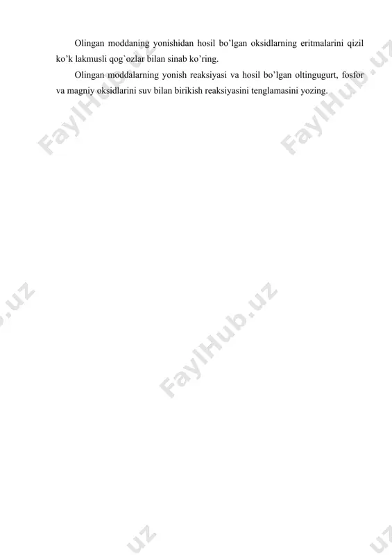 ugurt, fosfor va magniy oksidlarini suv bilan birikish reaksiyasini tenglamasini yozing. adabiyotlar: 1. q. axmerov, a. jalilov, r. sayfutdinov. umumiy va anorganik kimyo. toshkent: “o’zbekiston”, 2003. 2. k. rasulov, sh. mirkomilov, m. nishonov, m. sodiqov. anorganik kimyo. toshkent: fan va texnologiya, 2012. 3. к. расулов, о. юлдошев, б. қораболаев. умумий ва анорганик кимё. т.: «ўқитувчи», 1996. 4. n.a. parpiyev, x.r. raximov, a.g. muftaxov. anorganik kimyo nazariy asoslari. toshkent. «o’zbekiston». 2000y 5. bozorov n.i. umumiy kimyo. toshkent: adabiyot uchqunlari, 2017.-368 b. 6. raymond chang.general chemistry:the essential concepts. mcgraw-hill education; enland. -2013. 7. analitical chemistry. 6th. edition. gary d. christian.university of washington.2004.848 8. paula yurkanis bruice, organik chemistry, new york, usa, 2016 9. o. fayzullayev. analitik kimyo. t: yangi asr avlodi. 2006 y. 10. м.т. ғуломов, т.норов, н.туропов. analitik kimyo.t.: ворис нашриёти, 2009 й. 11. shoymardonov r. organik kimyodan praktikum. toshkent -o’qituvchi -1982.