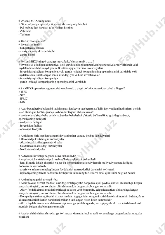 paniyaning operasiyalarini yuritishda yoki foydalanishda ishlatiladigan mulk sifatidagi yer va bino investisiyalari - investisiya qiladigan kompaniya - guruh ichidagi kompaniyaning operasiyalarini yuritishda # 8 - mhxs operasion segment deb nomlanadi, u qaysi qo’mita tomonidan qabul qilingan? + ifrs - sic - ifric - ias # agar buxgalteriya balansini tuzish sanasidan keyin yuz bergan xo’jalik faoliyatidagi hodisalarni ochish talab etiladigan bo’lsa, qanday axborotlar taqdim etilishi kerak? + moliyaviy ta'sirga baho berish va bunday baholashni o’tkazib bo’lmaslik to’grisidagi axborot, operasiyaning mohiyati - moliyaviy faoliyat - investision faoliyat - operasiya faoliyati # aktivlarga kiritilgandan tashqari davlatning har qanday boshqa subsidiyalari + daromadga kiritiladigan subsidiyalar - aktivlarga kiritiladigan subsidiyalar - qaytarmaslik asosidagi subsidiyalar - nolikvid subsidiyalar # aktivlarni likvidligi deganda nima tushuniladi? + vaqt bo’yicha aktivlarni pul mablag’lariga aylanishi tushuniladi - jami ijtimoiy ishlab chiqarish va har bir korhonaning iqtisodiy hamda moliyaviy samaradorligini ifodolovchi ko’rsatkich - asosiy va aylanma mablag’lardan foydalanish samaradorligi darajasini ko’rsatadi …