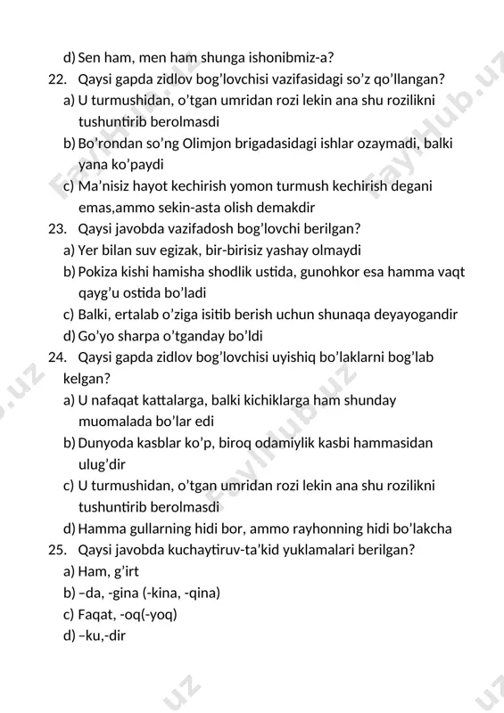 ko’makchi va bog’lovchilar mavzusidagi 1-variant test savollari - Page 5