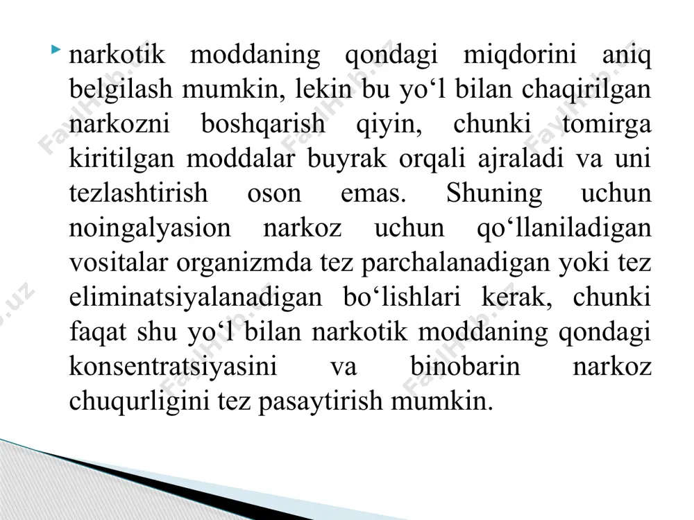tirishish va ruhiy qo‘zg‘alishlarni bartaraf etishda. jigar va buyrakning organik xastaliklarida, diabet, bronxial astma va o‘tkir, tez o‘tuvchi porfiriyalarda qo‘llash mumkin emas. geksenal - barbitur kislotasining hosilasi. tomirga kiritilgach, qo‘zg‘alish davri bo‘lmagan, chuqur, tez rivojlanuvchi, jarrohlik davri 15-25 daqiqa davom etuvchi narkoz rivojlanadi. jigarda tez parchalanadi. tiopental natriyga o‘xshash, lekin unga nisbatan ko‘proq asoratlar chaqiradi (yurak faoliyatini susaytiradi, tirishish kuzatiladi, uyg‘onish davrida harakat keskin kuchayadi). asosan kirish narkozida qo‘llaniladi geksenal kimyoviy tuzilishi steroid gormonlarga o‘xshasa ham, gormonal ta’siriga ega emas. predionning narkotik ta’siri 3-5 daqiqadan so‘ng boshlanib, 30-40 daqiqa davom etadi. u skelet mushaklarini yaxshi bo‘shashtiradi. nafas, yurak-tomir sistemasiga deyarli ta’sir etmaydi. miorelaksantlar ta’sirini kuchaytiradi. asosiy kamchiligi, bu tomirlarga ta’sir etib, og‘ritadi va flebitga olib keladi. buni oldini olish uchun, kiritishning oxirida glyukoza yoki osh tuzi eritmalaridan 10-20 ml kiritiladi (venalar yuviladi). odatda kattaroq venalarga kiritiladi. teri ostiga kiritish mumkin emas. barbituratlarni qo‘llash mumkin bo‘lmaganda, kirish narkozi uchun qo‘llaniladi. predionni …
