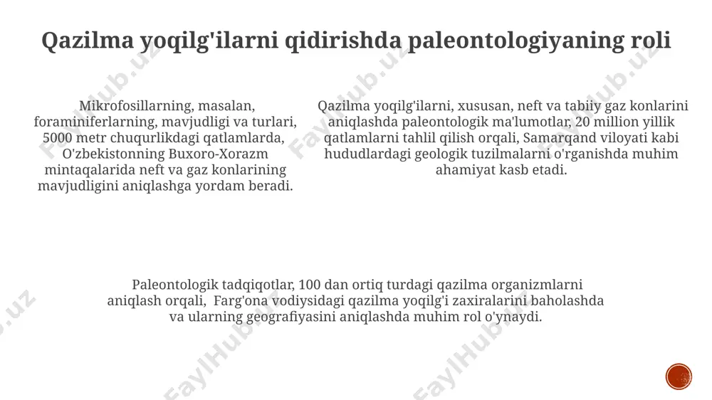 tologik topilmalar, masalan, 7 million yillik sahelanthropus tchadensis kabi qoldiqlar, markaziy afrikada topilgan bo'lib, erken gomínidlarning morfologiyasi va ularning odamlar bilan bo'lgan aloqasi haqida muhim dalillar taqdim etadi. taxminan 40 000 yillik neanderthal suyaklari yevropa va osiyodan topilib, ularning anatomiyasi, ijtimoiy tuzilishi va insonga yaqinligi haqida muhim ma'lumotlar beradi, antropologik tadqiqotlarga katta hissa qo'shadi. paleontologiya fanining asosiy maqsadi paleontologlar dunyoning turli burchaklaridan, masalan, gobi cho'lidan yoki gondvana qit'asining qoldiqlaridan topilgan 1000 dan ortiq qazilma qoldiqlarni tahlil qilib, o'tgan davrlar haqidagi bilimni boyitadi. paleontologiya yerning 4,5 milliard yillik tarixini, jumladan, 540 million yil avvalgi kambriy portlashi davridagi hayotning paydo bo'lishini va rivojlanishini o'rganishga qaratilgan. ushbu fanning maqsadi 65 million yil avval yuz bergan dinozavrlarning yo'q bo'lib ketishi kabi ommaviy qirilib ketish hodisalarining sabablarini aniqlash va kelajakdagi o'zgarishlarni bashorat qilishdir. kelajakdagi tadqiqot yo'nalishlari qazilma qoldiqlarni yuqori aniqlikdagi 3d skanerlash texnologiyalari yordamida virtual rekonstruksiya qilish orqali, 15 million yildan ortiq vaqt oldin yashagan …