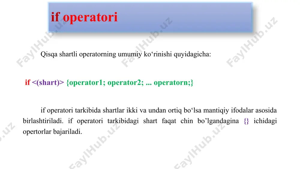 switch operatori misol: hafta kunlarini tartib raqami berilganda unning qaysi kun ekanligin aniqlash dasturi. switch operatori tanlash operatorini tanlash sharti natijasining bir nechta qiymati uchun yagona qiymat tanlansa, bunday holatlarni ham e’tiborga olish mumkin. tanlash operatorini tanlash sharti natijasining bir nechta qiymati uchun yagona qiymat tanlanishini quyidagi masala orqali ko‘rib chiqamiz. misol: berilgan oy tartib soni qaysi faslga tegishli ekanligini aniqlash dasturi. switch operatori image1.png image2.png image3.png image4.png image5.png image6.png image7.png image8.png image9.png image10.png /docprops/thumbnail.jpeg