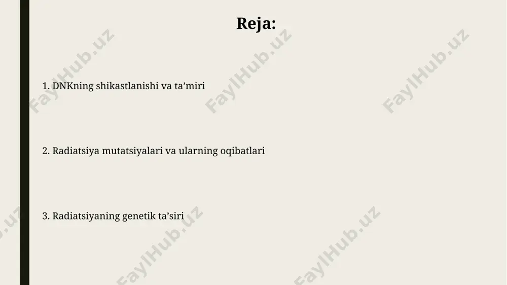 ararlarni keltirib chiqaradi, bu esa mutatsiyalar va translokatsiyalar ehtimolini oshiradi. radiatsiya ta'siri ostida dnkning ikki qatorli sinishi 50-70% hollarda kuzatiladi, bu esa hujayra o'limining yoki genom beqarorligining asosiy sabablaridan biri hisoblanadi. somatik va generativ hujayralardagi o'zgarishlar radiatsiya ta'sirida somatik hujayralardagi xromosoma aberratsiyalari soni 5-10 marta ortadi, bu esa hujayra funksiyasining buzilishiga va turli kasalliklarning, shu jumladan saratonning rivojlanishiga olib kelishi mumkin. generativ hujayralarda radiatsiya ta'siri natijasida mutatsiyalar paydo bo'lib, keyingi avlodlarga o'tishi mumkin, bu esa tug'ma nuqsonlar yoki irsiyat kasalliklarining rivojlanishiga olib keladi; taxminan 1000ta mutatsiyadan 1tasi zararli hisoblanadi. genetik oqibatlarning kelajakdagi tadqiqotlari radiatsiya ta'siriga uchragan hujayralarda epigenetik o'zgarishlarni chuqur o'rganish, xususan, dnk metilasyonining 20 yildan keyingi avlodlarga ta'sirini o'rganish muhim ahamiyatga ega. kelajakdagi tadqiqotlar radiatsiya ta'sirida bo'lgan 1000 dan ortiq genlarni aniqlashga va ularning 50 yildan keyin namoyon bo'ladigan onkogenlar bilan bog'liqligi ehtimolini aniqlashga qaratilishi mumkin. e'tiboringiz uchun rahmat @taqdimot_robot image1.jpg image2.jpg image3.jpg image4.jpg image5.jpg image6.jpg image7.jpg