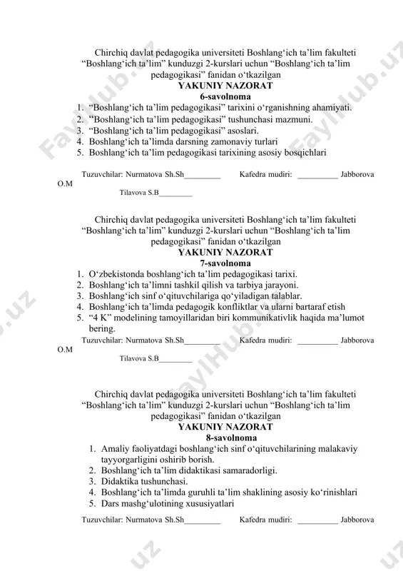 ta’lim pedagogikasi tarixining asosiy bosqichlari tuzuvchilar: nurmatova sh.sh_________ kafedra mudiri: __________ jabborova o.m tilavova s.b_________ chirchiq davlat pedagogika universiteti boshlang‘ich ta’lim fakulteti “boshlang‘ich ta’lim” kunduzgi 2-kurslari uchun “boshlang‘ich ta’lim pedagogikasi” fanidan o‘tkazilgan yakuniy nazorat 7-savolnoma 1. o‘zbekistonda boshlang‘ich ta’lim pedagogikasi tarixi. 2. boshlang‘ich ta’limni tashkil qilish va tarbiya jarayoni. 3. boshlang‘ich sinf o‘qituvchilariga qo‘yiladigan talablar. 4. boshlang‘ich ta’limda pedagogik konfliktlar va ularni bartaraf etish 5. “4 k” modelining tamoyillaridan biri kommunikativlik haqida ma’lumot bering. tuzuvchilar: nurmatova sh.sh_________ kafedra mudiri: __________ jabborova o.m tilavova s.b_________ chirchiq davlat pedagogika universiteti boshlang‘ich ta’lim fakulteti “boshlang‘ich ta’lim” kunduzgi 2-kurslari uchun “boshlang‘ich ta’lim pedagogikasi” fanidan o‘tkazilgan yakuniy nazorat 8-savolnoma 1. amaliy faoliyatdagi boshlang‘ich sinf o‘qituvchilarining malakaviy tayyorgarligini oshirib borish. 2. boshlang‘ich ta’lim didaktikasi samaradorligi. 3. didaktika tushunchasi. 4. boshlang‘ich ta’limda guruhli ta’lim shaklining asosiy ko‘rinishlari 5. dars mashg‘ulotining xususiyatlari tuzuvchilar: nurmatova sh.sh_________ kafedra mudiri: __________ jabborova o.m tilavova s.b_________ chirchiq davlat pedagogika universiteti boshlang‘ich ta’lim …