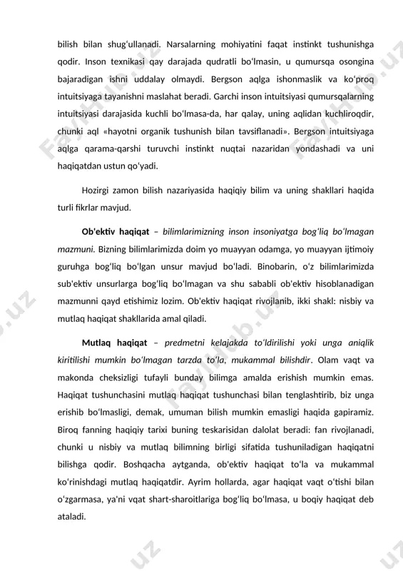 isbiy haqiqatlar bilish taraqqiyoti jarayonida rivojlanib, o‘z chegarasi bo‘lgan mutlaq haqiqatga yaqinlashadi. biroq bilishning tarixiy rivojlanish jarayoni nafaqat nisbiy haqiqatlarning mutlaq haqiqatga aylanish jarayoni, balki ayrim mutlaq haqiqatlarning yuzaga kelish jarayoni hamdir. bu fikrni fizikada atom va uning tuzilishi haqidagi tasavvurlarning rivojlanishi misolida ko‘rish mumkin. yuz yil muqaddam fiziklar va ximiklar atomlar amalda mavjud va ajralmas sharchalar ko‘rinishida, deb taxmin qilar edilar. bu tasavvur zamirida mutlaq haqiqat unsurlari mavjud edi. bundan: «kimyoviy elementlarning atomlari amalda mavjud», degan xulosa kelib chiqadi. fizika va kimyoning keyingi rivojlanishi mutlaq haqiqatning bu elementini bekor qilmadi. biroq bu tasavvurlarda xatolar mavjudligi (taranglik, ajralmaslik va h.k.) aniqlandi. xix asr oxirida elektronlar kashf etilishi natijasida atom tuzilishining yangi manzarasi yaratildi. tomson musbat zarralar va manfiy zaryadli elektronlardan tashkil topgan atom modelini yaratdi. atomning bu nisbatan haqiqiy manzarasida mutlaq haqiqatning yangi unsurlari paydo bo‘ldi: darhaqiqat atom musbat zaryadli zarralardan iborat. atom haqidagi tasavvur rivojlanishining uchinchi bosqichi rezerford-bor modeli …