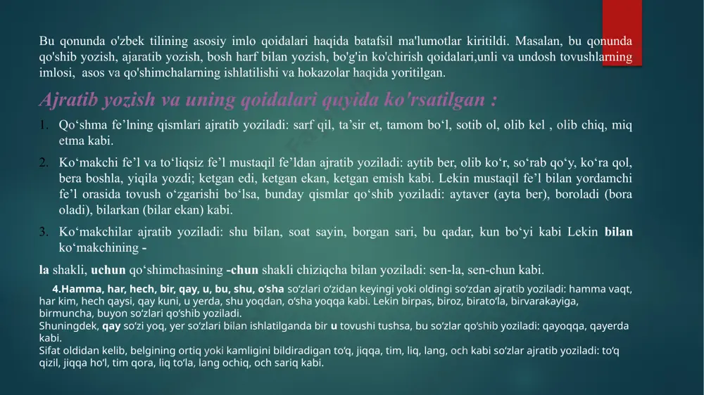 eyingi satrga bo‘g‘inlab ko‘chiriladi to‘q-son, si-fatli, sifat-li, pax-takor, paxta-kor kabi. tutuq belgisi oldingi bo‘g‘inda qoldiriladi. va’-da, ma’-rifat, mash’-al, in’om kabi. so‘zning bosh yoki oxirgi bo‘g‘ini bir harfdan iborat bo‘lsa, ular quyidagicha ko‘chiriladi: so‘z boshidagi bir harfdan iborat bo‘g‘in yolg‘iz o‘zi oldingi satrda qoldirilmaydi: a-badiy emas, aba-diy, e-shikdan emas, eshik-dan kabi; so‘z oxiridagi bir harfdan iborat bo‘g‘in yolg‘iz o‘zi keyingi satrga ko‘chirilmaydi: mudofa-a emas, mudo-faa, matba-a emas, mat-baa kabi. 3. o‘zlashma so‘zlarning bo‘g‘inlari chegarasida kelgan ikki yoki undan ortiq undosh quyidagicha ko‘chiriladi: ikki undosh kelsa, ular keyingi satrga birgalikda ko‘chiriladi diagramma, mono-grafiya kabi; uch undosh kelsa, birinchi undosh oldingi satrda qoldirilib, qolgan ikki undosh keyingi satrga ko‘chiriladi: silin-drik kabi. bir tovushni ko‘rsatuvchi harflar birikmasi (sh, ch, ng) birgalikda ko‘chiriladi: pe-shayvon, pe-shona, mai-shat, pi-choq, bi-chiq-chi, si-ngil, dengiz kabi. 4. bosh harflardan yoki bo‘g‘inga teng qism va bosh harfdan iborat qisqartmalar, shuningdek ko‘p xonali raqamlar satrdan satrga bo‘lib ko‘chirilmaydi. aqsh, bmt, toshdu, 16, …