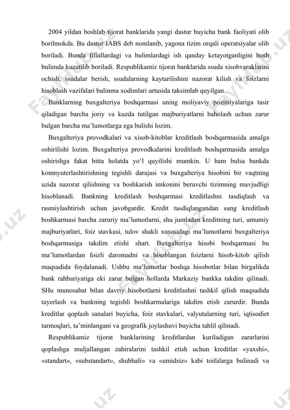 geografik joylashuvi buyicha tahlil qilinadi. respublikamiz tijorat banklarining kreditlardan kuriladigan zararlarini qoplashga muljallangan zahiralarini tashkil etish uchun kreditlar «yaxshi», «standart», «substandart», shubhali» va «umidsiz» kabi toifalarga bulinadi va ularning summasiga mos ravishda 0%, 10%, 25%, 50% va 100% mikdorida zaxira shakllantiriladi. demak zaxira summasining asosiy qismi muammoli ssudalar buyicha tashkil etiladi. respublikamizning yirik tijorat banklarida muammoli ssudalarning jami kredit quyilmalari hajmidagi salmog‘ini usish tendensiyasiga ega bulaetgani. tif milliy bankida, uzsanoatqurilishbankida tahlil qilingan davr mobaynida muammoli kreditlar salmog‘ining usish tendensiyasi kuzatildi. bu esa mazkur banklarning kredit portfelini sifatini emonlashaetganligidan dalolat beradi. muammoli kreditlarni undirish kreditlash jaraenining sunggi boskichidir. agar kreditlar summasi tuliq qaytmasa, bu holat kreditlash jaraenining samaradorligiga salbiy ta’sir kiladi. muammoli kreditlar deganda, shunday kreditlar tushuniladiki, ular buyicha mijoz kredit shartnomasi shartlarini bajara olmaydi va bank uchun berilgan kreditlarni qisman eki tuliq yukotish xavfi yuzaga keladi. muammoli kreditlarni 2 toifaga bulib urganish mumkin: ushbu kreditlar buyicha asosiy qarz summasini bir …