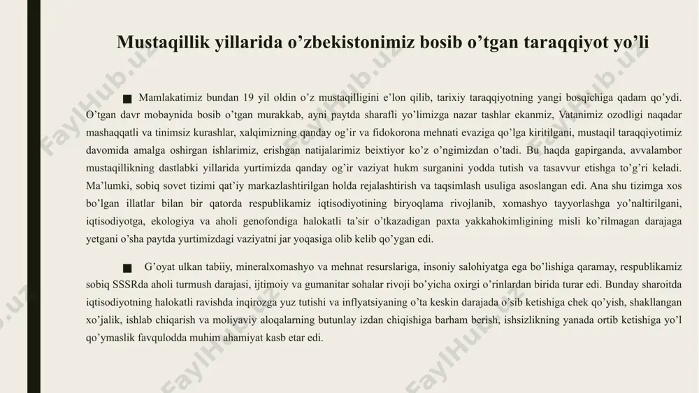 ston ssr prezidenti huzuridagi vazirlar mahkamasining tarkibini tasdiqlash to’g’risida" farmoni chiqdi. unga muvofiq o’zbekiston prezidenti huzurida vazirlar mahkamasi tuzildi, prezident uning raisi bo’ldi. respublikada vitse prezident lavozimi ta’sis etilib, uning zimmasiga vazirlar mahkamasiga rahbarlik qilish va uning ishini uyushtirish vazifasi yuklandi. 1992 yil 4 yanvarda vitseprezident lavozimi tugatildi va o’zbekiston respublikasi vazirlar mahkamasining bosh vaziri lavozimi ta’sis etildi. bosh vazir zimmasiga vazirlar mahkamasiga rahbarlik qilish, uning ishini tashkil etish vazifasi yuklandi. o’zbekistonda davlat ijroiya hokimiyatini takomillashtirishda o’zbekiston respublikasining konstitutsiyasi muhim omil bo’ldi. konstitutsiyaning 98 moddasiga muvofiq vazirlar mahkamasining tarkibi o’zbekiston respublikasining prezidenti tomonidan shakllantiriladi. o’zbekiston respublikasi bosh vaziri nomzodi prezident taklifiga binoan o’zbekiston respublikasi oliy majlisining palatalari tomonidan ko’rib chiqiladi va tasdiqlanadi. vazirlar mahkamasi a’zolari tarkibiga bosh vazir, uning o’rinbosarlari, vazirlar, davlat qo’mitalari raislari va qoraqalpog’iston respublikasi vazirlar kengashining raisi kiradi. vazirlar mahkamasi o’zbekiston respublikasining hukumati bo’lib, ijro etuvchi hokimiyatdir. uning vazifalari: davlat budjetini ishlab chiqadi va oliy majlisga taqdim …