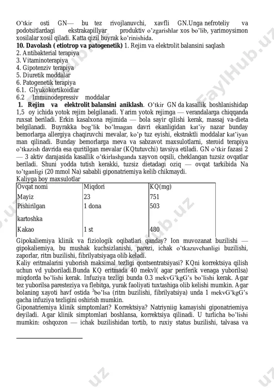 to’qimani shikastlashdan saqlash»ga qaratilgan sistemada ketma —ket o’zgarishlar chaqiradi. bular ichida muxim o’rin gemostaz sistemasiga qaratilgan. bu sistema aktivlanishi lokal giperkoagulyatsiya ko’rinishida bo’ladi. koptokchalarga fiksatsiyalangan ix lar ta’sirida kapillyarlar endoteliysi shikastlanadi, trombotsitlar va boshqa shaklli elementlar agregatsiyalanadi, kapillyar stazi kuzatiladi: progressiya roja fibrinoliz - ivinetsva depressiyasi, parakoagulyatsiya kuzatiladi va koptokcha kapsulasi bo’shligi yonida fibrin to’planishiga sharoit yaratiladi, bu esa sklerotik shakllari rivojlanishiga sharoit yaratiladi va asos bo’ladi.shunga bog’lik holda gn turli shakllarida turli xarakter va darajadagi dvs — sindrom rivojlanadi. gn da uchrovchi dvs sindrom ko’rinishi bo’lib xisoblanadi: koptokchada fibrin topilishi, plazmada, qonda va siydikda pdf va fibrinogen topilishi. gemostaz buzilishida prostoglandin, kbllikrenin — kinin sistemasi ishtirok etadi. 6. patologik anatomiyasi. jar topografiyasiga ko’ra, intra va ekstrakapillyar xillari farqlanadi, yallig’lanish xarakteriga ko’ra— ekssudativ, proliferativ va aralash turlari mavjud, kechishiga ko’ra: 1)o’tkir; 2)o’tkir osti; 3)surunkali yallig’lanish jarayoni tarkalganligiga ko’ra: 1) diffo’z; 2) o’chokli. s utkir 1 gn —dastlabki kunlari koptokchalar giperemiyami …