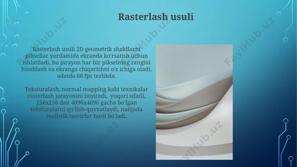 panjaralar uchun mo'ljallangan bo'lib, har bir yuzaning 4 ta cho'qqisini 16 ta yangi cho'qqiga bo'linadi va yuqori darajadagi sirt aniqligini ta'minlaydi. e'tiboringiz uchun rahmat @taqdimot_robot image3.jpg image4.jpg image5.jpg image6.jpg image7.jpg image8.jpg image9.jpg image10.jpg image11.jpg image2.png