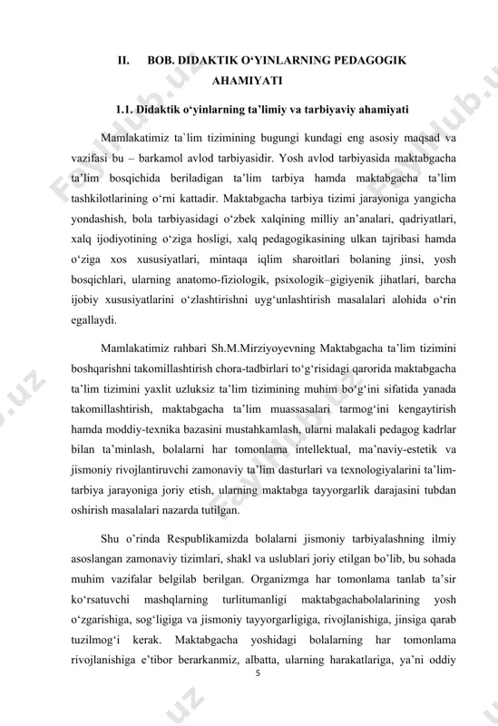 ti qanday o‘zgarib borishi haqida tushuntirib bera oladilar. ular tezlikni, harakat yo‘nalishini, tezligini marom o‘zgarishlarini farqlay oladilar. bola harakatini izchillik bilan kuzatib (tarbiyachining yordami bilan) harakatning turli-tuman bosqichlarini ajrata oladi, harakatning sifati va miqdori natijasi uchun bu bosqichlarning ahamiyatini tushuntirishga intiladi. ular harakatlar to‘g‘risida aniq-yorqin tasavvur hosil qilishga yordam beradi, moslik va uyg‘unlik jixatdan murakkab bo‘lgan harakatlar qoidasini bolalar tomonidan o‘zlashtirishga olib keladi. masalan bolalar yugurib kelib uzunlikka va balandlikka sakrab, oyoq uchida yugurish chog‘ida burilish mahoratini va hokazolarni egallab oladilar. bunda shuni xisobga olish kerakki, bolaning yaxshi natijalarga erishishiga intilib qilgan harakatlari hamisha ham uning imkoniyatlariga mos kelavermaydi. shuning uchun jismoniy tarbiya yo’riqchisi juda xushyor, sezgir bo‘lishi va meyoridan ortiq zo‘riqishga yo‘l qo‘ymasligi kerak. keyingi o‘n yil davomida olingan ma’lumotlar shuni ko‘rsatadiki, maktabgacha va maktab yoshidagi boshlang‘ich sinf bolalarining jismoniy tayyorgarligi sustdir. ko‘pgina olimlarimizning ko‘rsatmasiga binoan (t.s.usmonxujayev, k.m.maxkamjonov, f.n.nasriddinov, l.semyonova, 1996, i.v.polovseva, 1990, x.b.tulenova, 2000, m.i. masharipova, 2006, m.borkoshev …