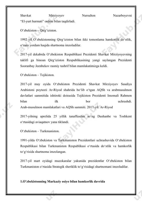 angi iqtisodiy siyosatda iqtisodiyotdagi tarkibiy o‘zgarishlarning eng muhim elementlaridan biri o‘zbekistonning jahon iqtisodiy tizimiga integratsiyalashuvining sezilarli darajada faollashuvi bo‘ldi. mamlakat va uning mintaqalaridagi mavjud tabiiy-iqtisodiy salohiyatdan samarali foydalanish markaziy osiyo mamlakatlari bilan tashqi savdo hajmini bosqichma-bosqich oshirish imkonini berdi. 2017-2019 yillarda o‘zbekiston tashqi iqtisodiy faoliyatini rivojlantirishning asosiy yo‘nalishlari eksport salohiyatini oshirish, xorijiy investitsiyalarni jalb qilish ko‘lamini kengaytirish va import o‘rnini bosuvchi ishlab chiqarish jarayonlarini chuqurlashtirish bo‘ldi. tahlil qilingan davrda o‘zbekistonning markaziy osiyo mamlakatlari bilan tashqi savdo aylanmasi 2,9 barobar oshdi, bu mamlakat savdo aylanmasining umumiy qiymati o‘sishidan yuqori (o‘zbekiston tashqi savdo aylanmasining umumiy hajmi shu davr mobaynida 1,5 barobar oshdi) bo‘ldi. natijada markaziy osiyo davlatlarining tashqi savdodagi hissasi 2017 yilda 10,2% dan 2019 yilda 19,1% gacha oshgan bo‘lib, bu mintaqalararo iqtisodiy hamkorlikni mustahkamlashdan dalolat beradi (1-jadval). shuni ta’kidlash joizki, ayrim iqtisodiy faoliyat turlarida o‘ziga xos xususiyatlar va raqobat ustunliklariga ega bo‘lgan o‘zbekiston tovar va xizmatlarni eksport qilishda munosib o‘rin egallaydi …