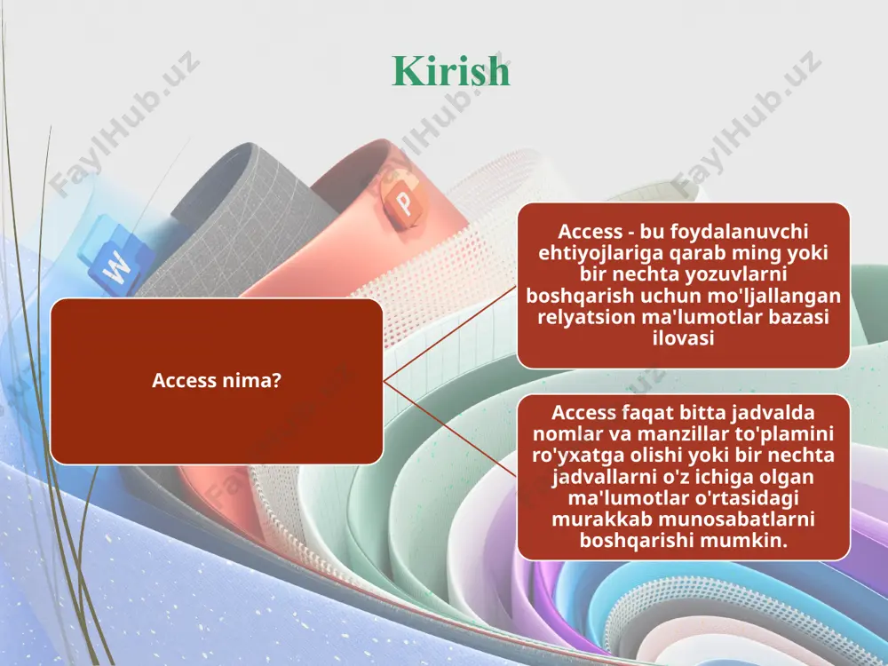 urlariga qaraganda ancha oson ko'chirish imkonini beradi. alohida ma'lumotlar bazasi ob'ektlari turlarini qurishni boshlashdan oldin, avval ob'ektlarni o'z ichiga olishi uchun access ma'lumotlar bazasi faylini yaratishingiz kerak 7 jadvallar jadvalni loyihalash: jadval dizayni ko'rinishidagi panellardan foydalanib, bo'sh jadval tuzilishiga alohida maydonlarni qo'shishingiz mumkin yuqori panel - bu panjara va maydon nomi, tavsif matni va ma’lumotlar turini belgilash uchun ishlatiladi. pastki panel maydon xususiyatlari bo'limi bo'lib , maydon hajmi va boshqa atributlarni belgilash uchun ishlatiladi to'rdagi har bir qator bitta maydonga to'g'ri keladi; barcha maydonlar to'plami yozuvga guruhlangan access har bir jadvalning bitta maydonida ushbu yozuvni boshqalardan ajratib turadigan noyob yozuvlar mavjudligini bildiradi, bu asosiy kalit maydoni. birlamchi kalit maydoni maydon satrining chap tomonidagi qatorni tanlash oynasidagi kalit belgisi bilan belgilanadi. 8 jadvallar jadvalni loyihalash: har bir maydonda to'rda uchta mos ustun mavjud: birinchisi - maydon nomi maydon nomini belgilaydigan ustun ikkinchisi - ma'lumotlar turi ustun, bu maydonda raqamlar, matn va …