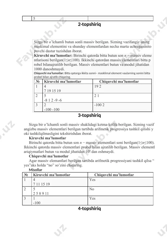 ta probel bilan ajratib berilgan. matritsa elementlari butun vamodul jihatidan 105 dan oshmaydi. chiquvchi ma’lumotlar bitta sonni – masalaning javobini chiqaring. misollar № kiruvchi ma’lumotlar chiquvchi ma’lumotlar 1 2 2 0 0 0 0 4 2 2 2 1 2 3 4 1 t9-topshiriq bazi bir insonlar 13 sonini yoqtirishmaydi. bazi birovlar esa bu sonni baxtli son deb hisoblashishadi. 13 sonini baxtli son deb hisoblaydigan temur 13 raqami qatnashgan sonlarni juda yaxshi ko’radi. u har doim avtobus chiptasida, latareya raqamlarida va boshqa bir nomerlangan narsalar orasida 13 sonini ko’rib qolsa u o’sha raqamlar ketma-ketligini yozib oladi. temur shu paytgacha ko’plab 13 qatnashgan sonlarni yig’ib, ulardan massiv yaratdi. endi u shu massiv orasidan eng ko’p 13 soni uchraydigan baxtli sonini topmoqchi. unda sonlar ko’p bo’lgani uchun bunga qiynalyapti. iltimos unga baxtli sonini topishda yordam bering. kiruvchi ma’lumotlar: birinchi satrda bitta butun son n massiv elementlar soni (1<=n<=105). keyingi satrda massiv elementlari …